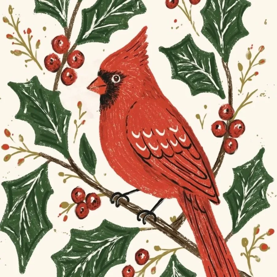 Detail of cardinal and holy folk art from the front of a Carrot Top Studio Christmas card.