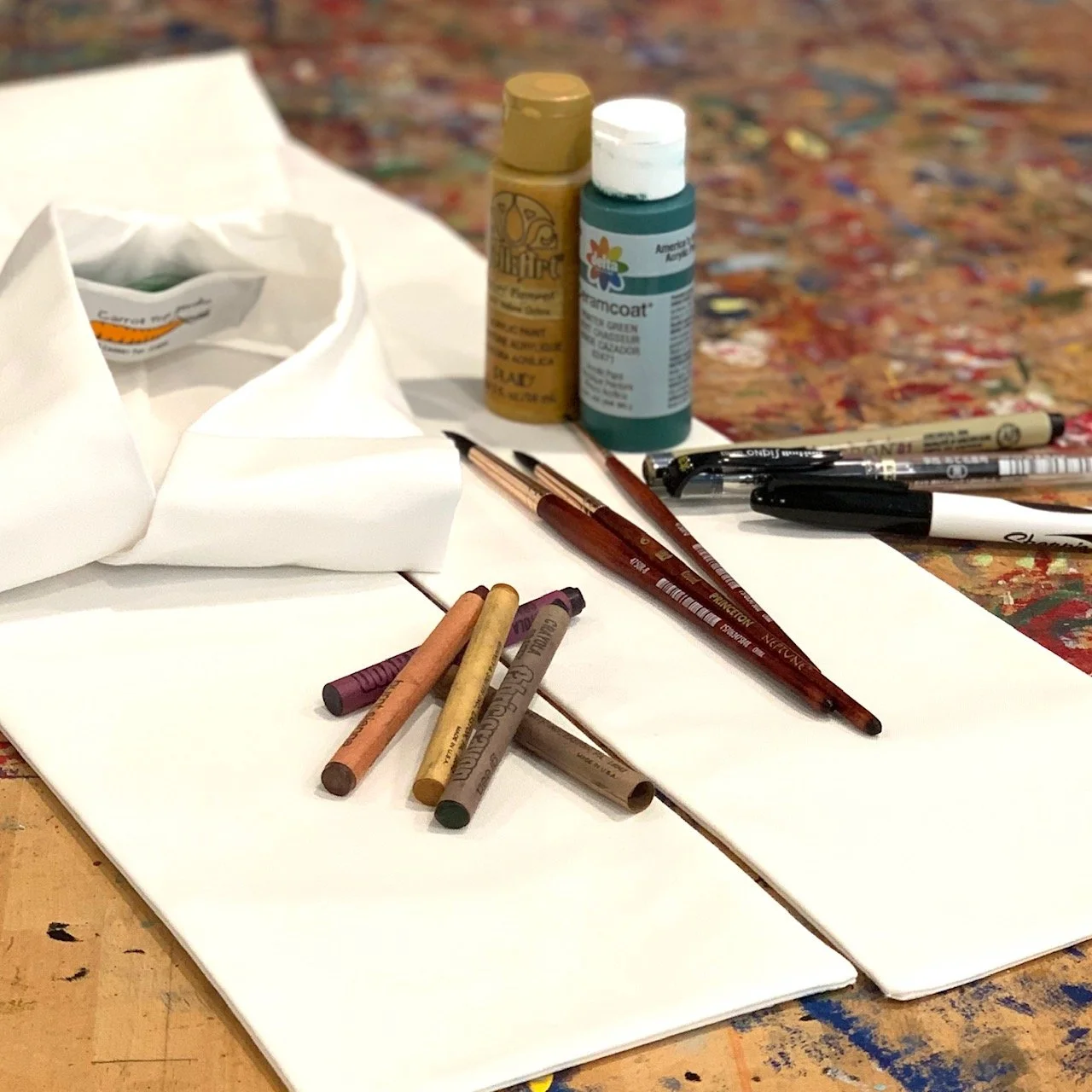 Instructions for creating your own stole include ideas for adding symbols as shown with these paints and fabric crayons in the Carrot Top Studio booklet.