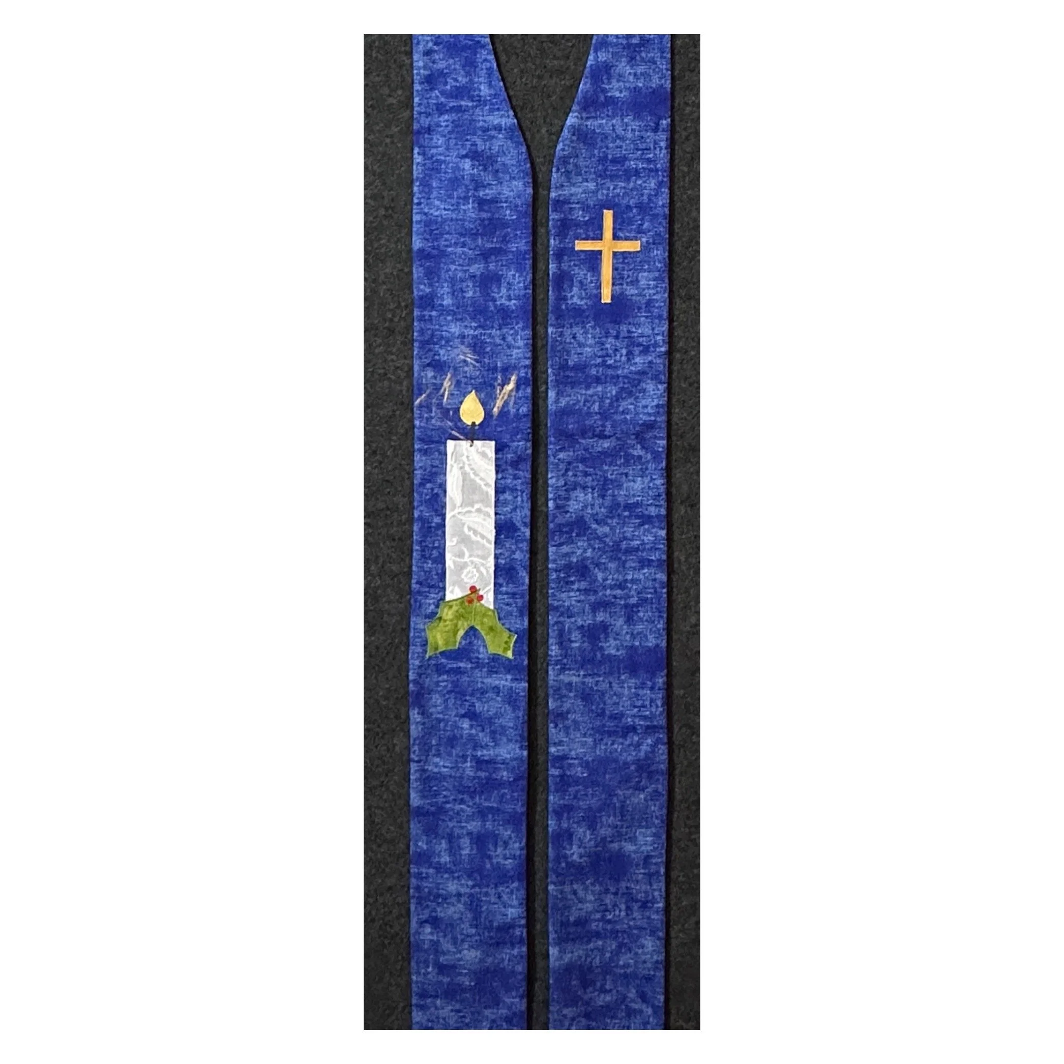 Blue Advent stole with candle and holly design representing light, hope, and God’s eternal love.