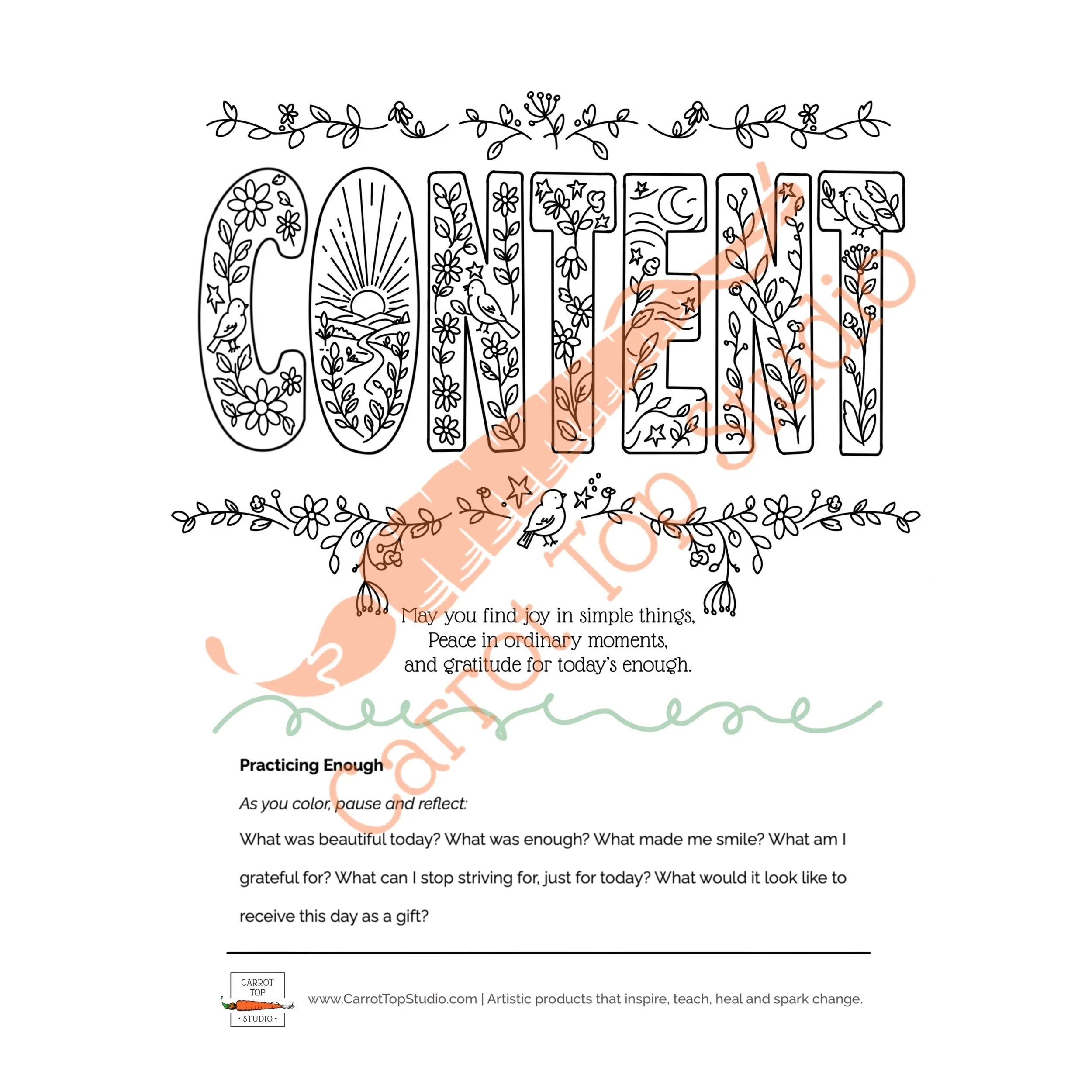 Content a coloring and mindfulness download by Carrot Top Studio.