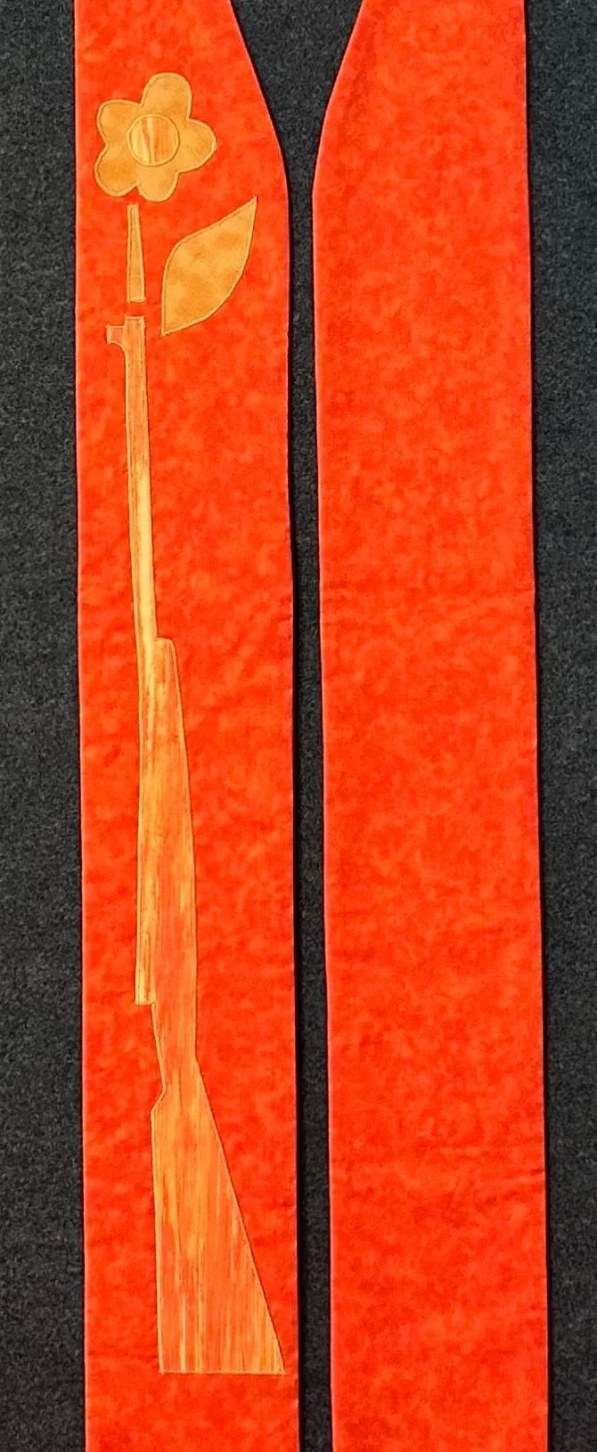 An orange stole for clergy, pastors and chaplains showing awareness for gun violence. Original contemporary design created by Jenny Gallo at Carrot Top Studio.