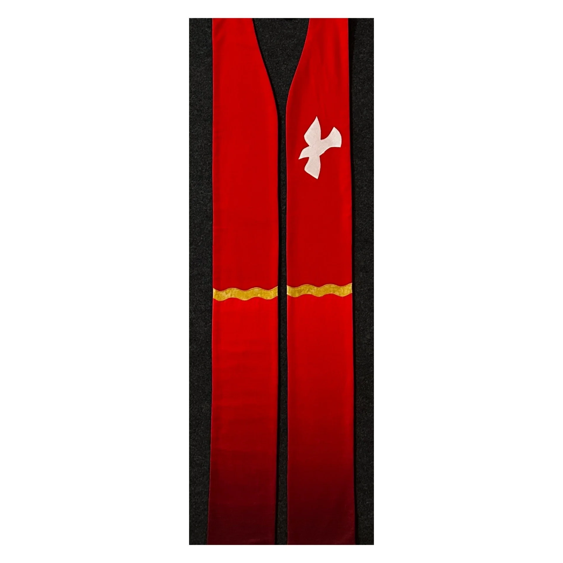 Red clergy stole with a dove on chest and ombre fabric to represent the movement of the Holy Spirit.