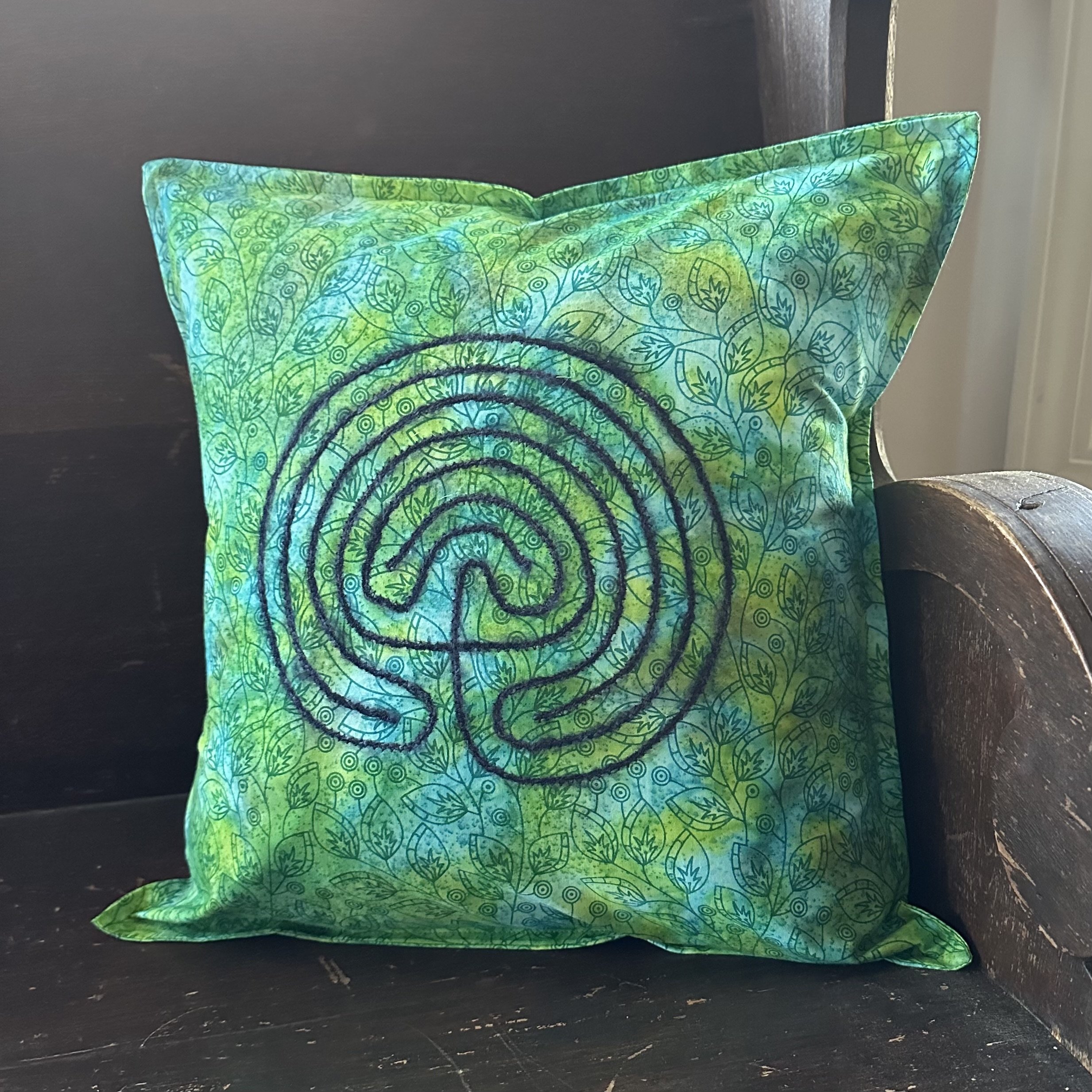 Green and blue finger labyrinth pillow cover - shop Carrot Top Studio