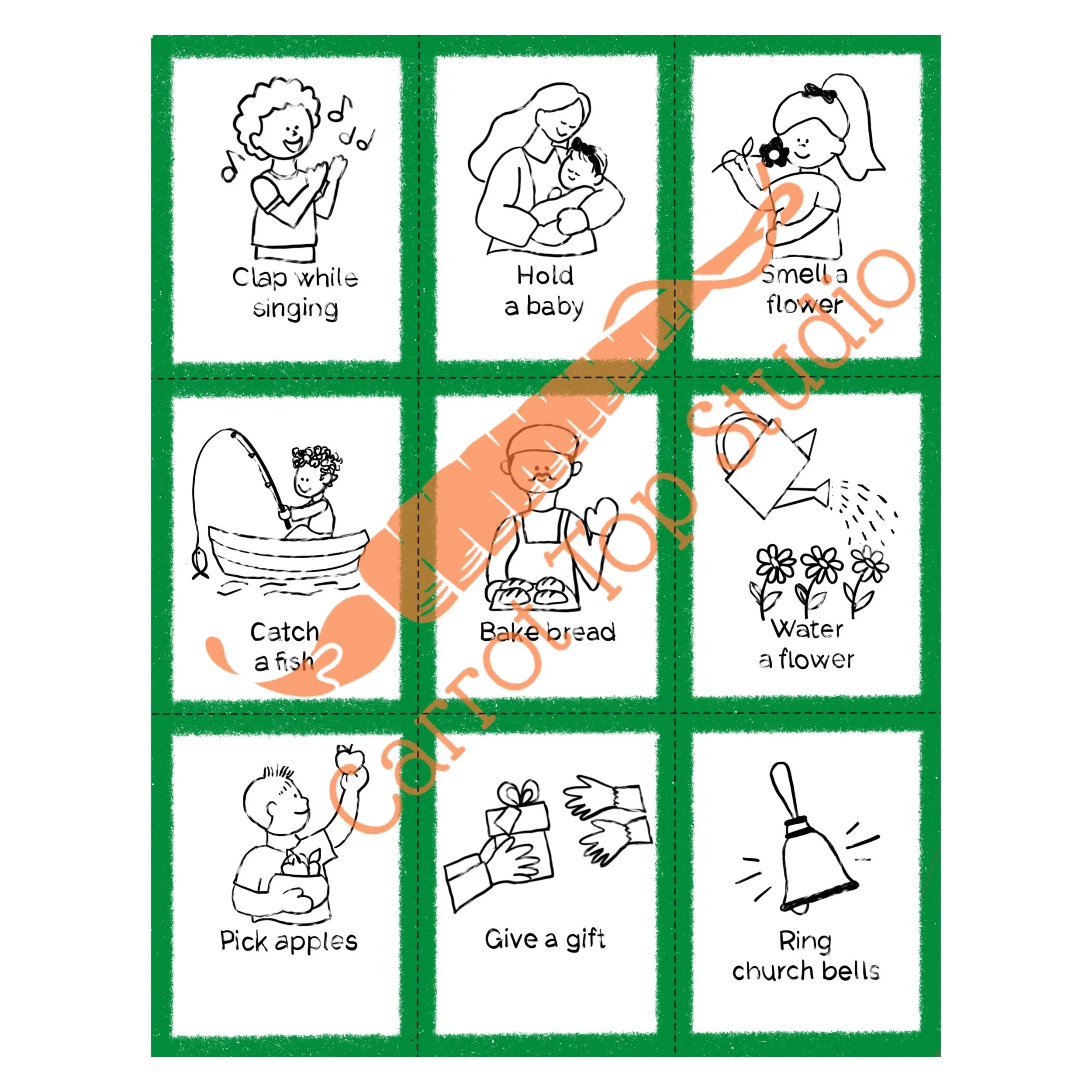 Picture cards are an option for early readers in the printable Christian charades game by Carrot Top Studio.