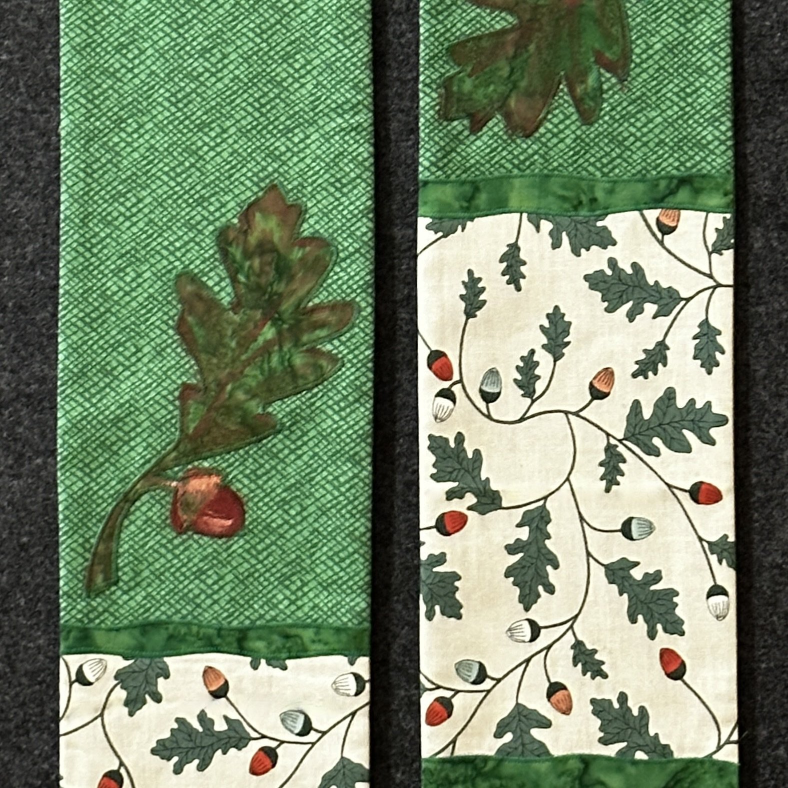 Detail of the acorn and oak leaf border on a green clergy stole found int eh Carrot Top Studio stole store.