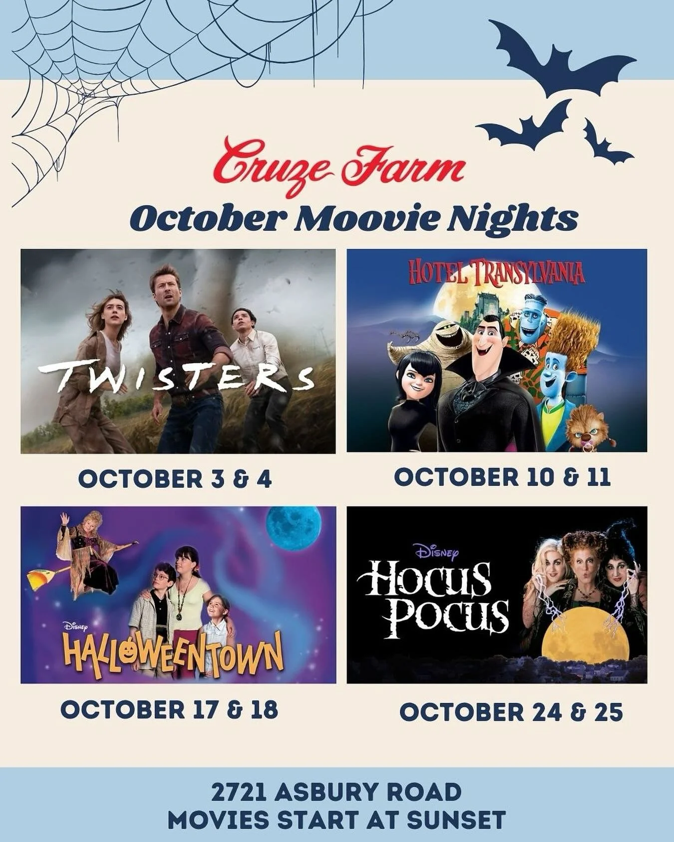 Roll in, snuggle up, and enjoy the October lineup! 🎃🎥

📍Cruze Farm 🍕🍦 2721 Asbury Road Knoxville 

Moovies start at sunset! 🌅