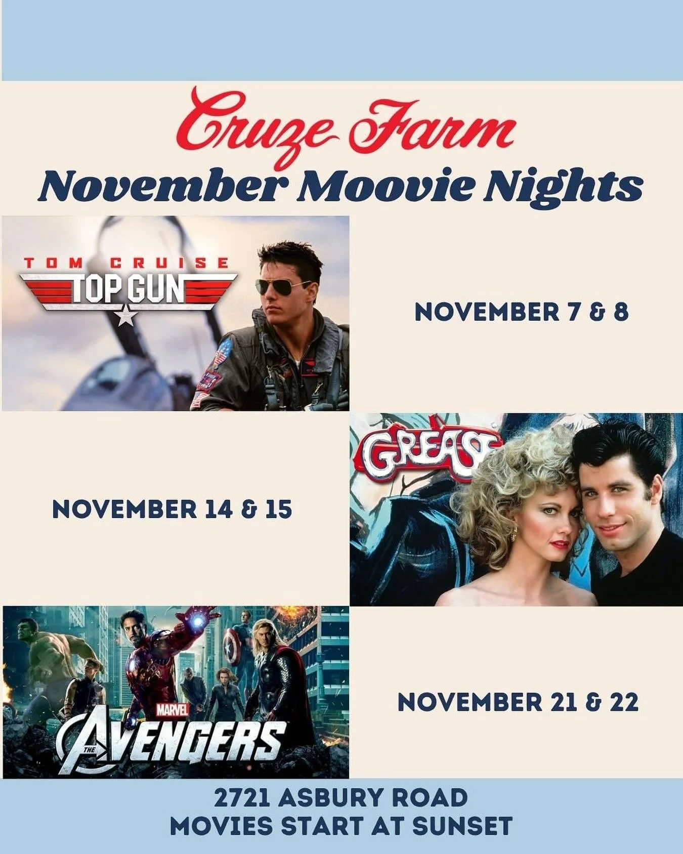 Pack a cozy blanket and join us at the moovies this November at our drive-in! 🍕❤️🍦

📍  @cruzefarmeastknoxville 
2721 Asbury Road Knoxville 

Moovies start at sunset! 🌅