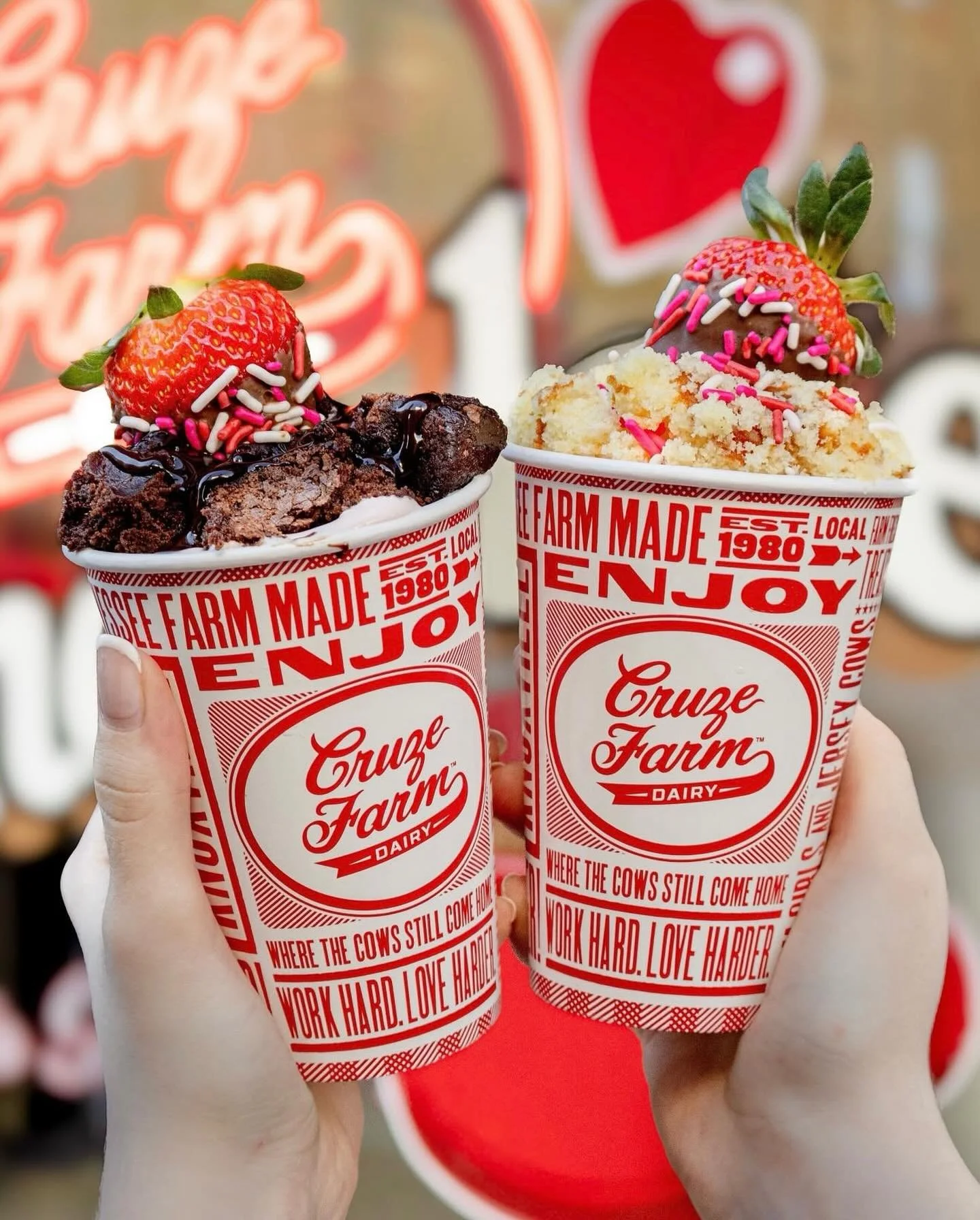 🍦&hearts;️ Sweetheart Churns! &hearts;️🍦

🍰 Strawberry Cake Churn
🍫 Strawberry Brownie Churn

🍓 Both topped with a chocolate covered strawberry! 

📍 @cruzefarmeastknoxville 
📍 @cruzefarm_sevierville 
📍 @cruzefarmmorristown 

💌 Available whil