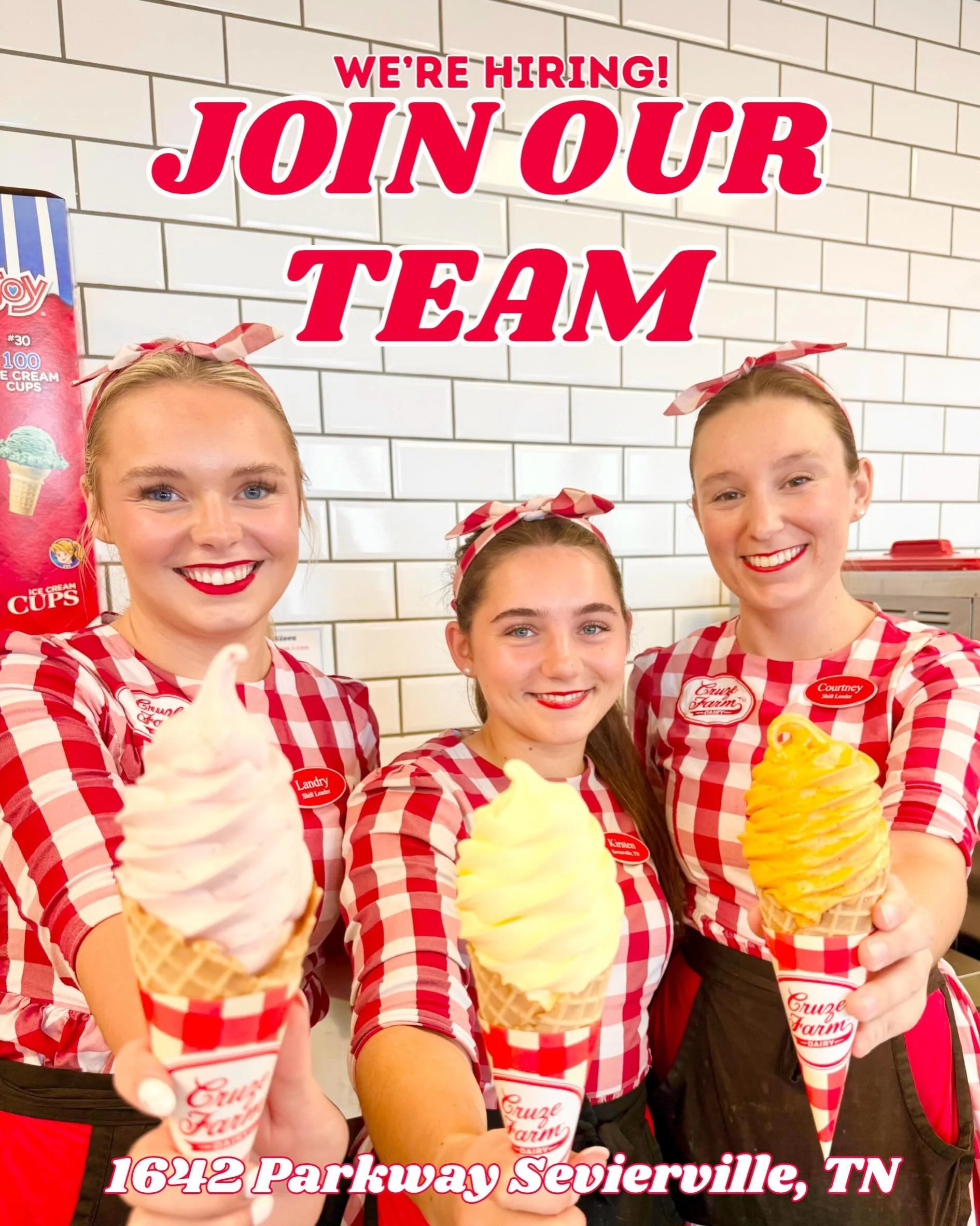 Do you love people &amp; ice cream? Come join our amazing team @cruzefarm_sevierville led by Emily Merritt! One of the things that makes this location so special is that we get to serve both our wonderful local community and families visiting the Smo