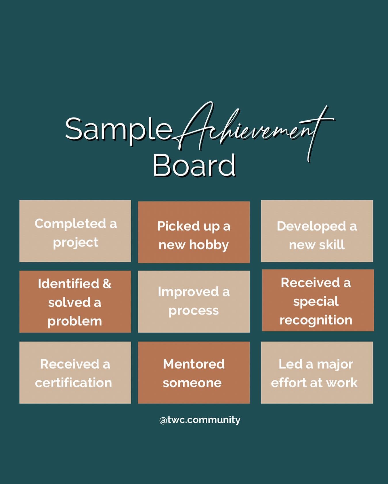 One of my absolute favorite personal career tools is my achievement board 🫶🏾
⠀⠀⠀⠀⠀⠀⠀⠀⠀
Tracking achievements at work helps me:
📍 stay motivated and focused on my career goals
📍 record successes to reference during performance reviews
📍 identify 