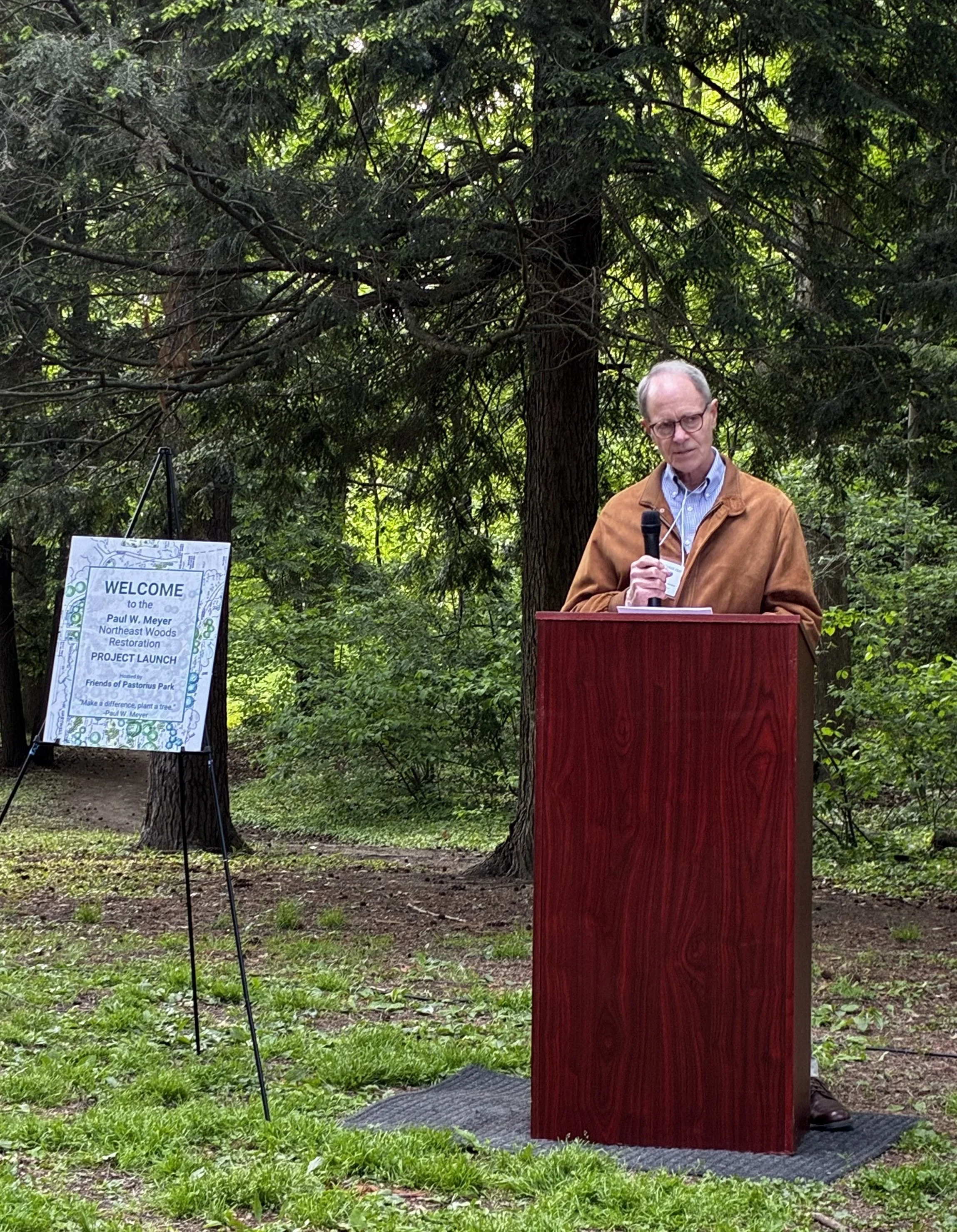 Bob Gray  describing the goals of the North East Woods at Pastorius Park while honoring Paul Meyer's legacy.