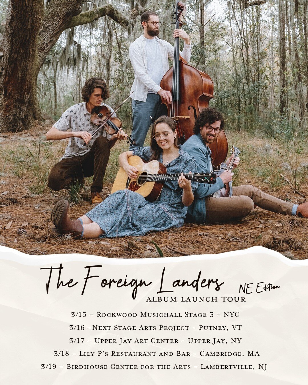 We just announced some additional dates for our Album Launch Tour in the NE! So excited to take this band up north this March! ⬆️⬆️⬆️

3/15 - @rockwoodmusichall 
3/16 - @nextstagearts 
3/17 - @ujartcenter 
3/18 - @lilypschicken 
3/19 - @birdhousecent