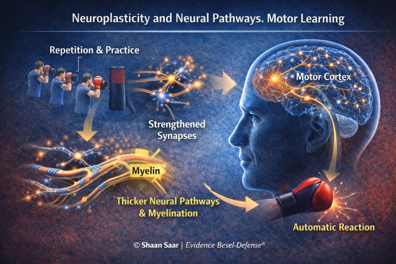 Diagram showing neuroplasticity and neural pathway strengthening in the motor cortex through repetition, myelination, and motor learning leading to automatic reaction.