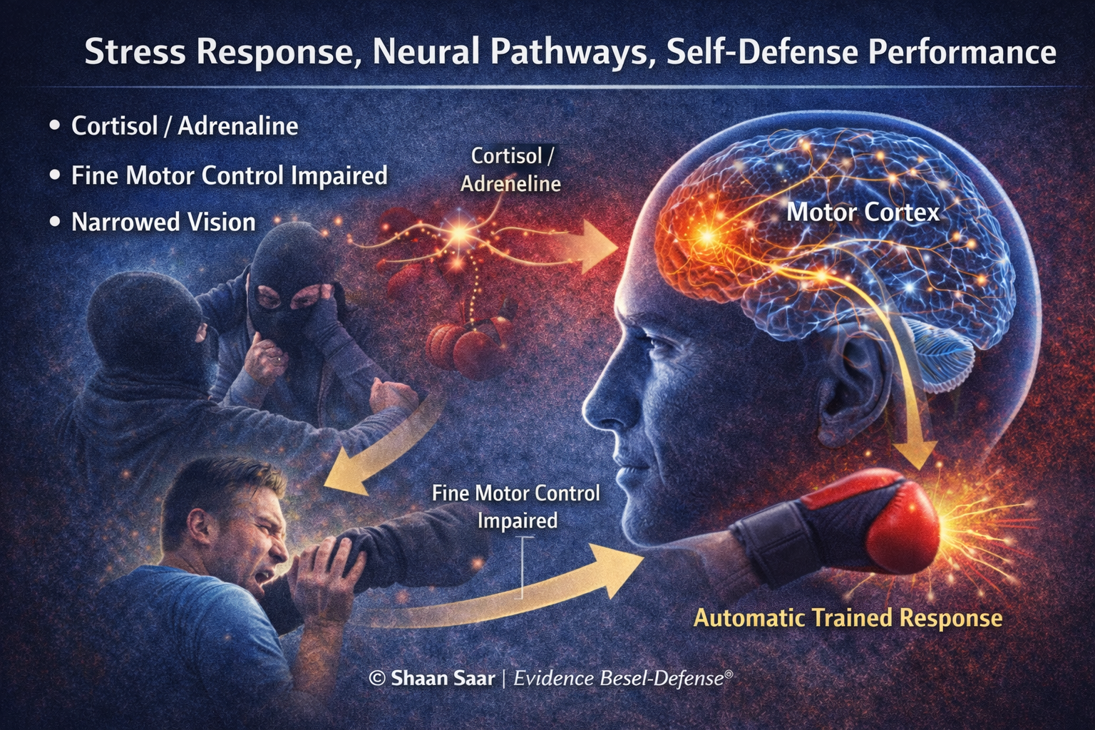 Infographic illustrating stress response, cortisol release, motor cortex activation, and automatic trained response during high-pressure self-defense situations.