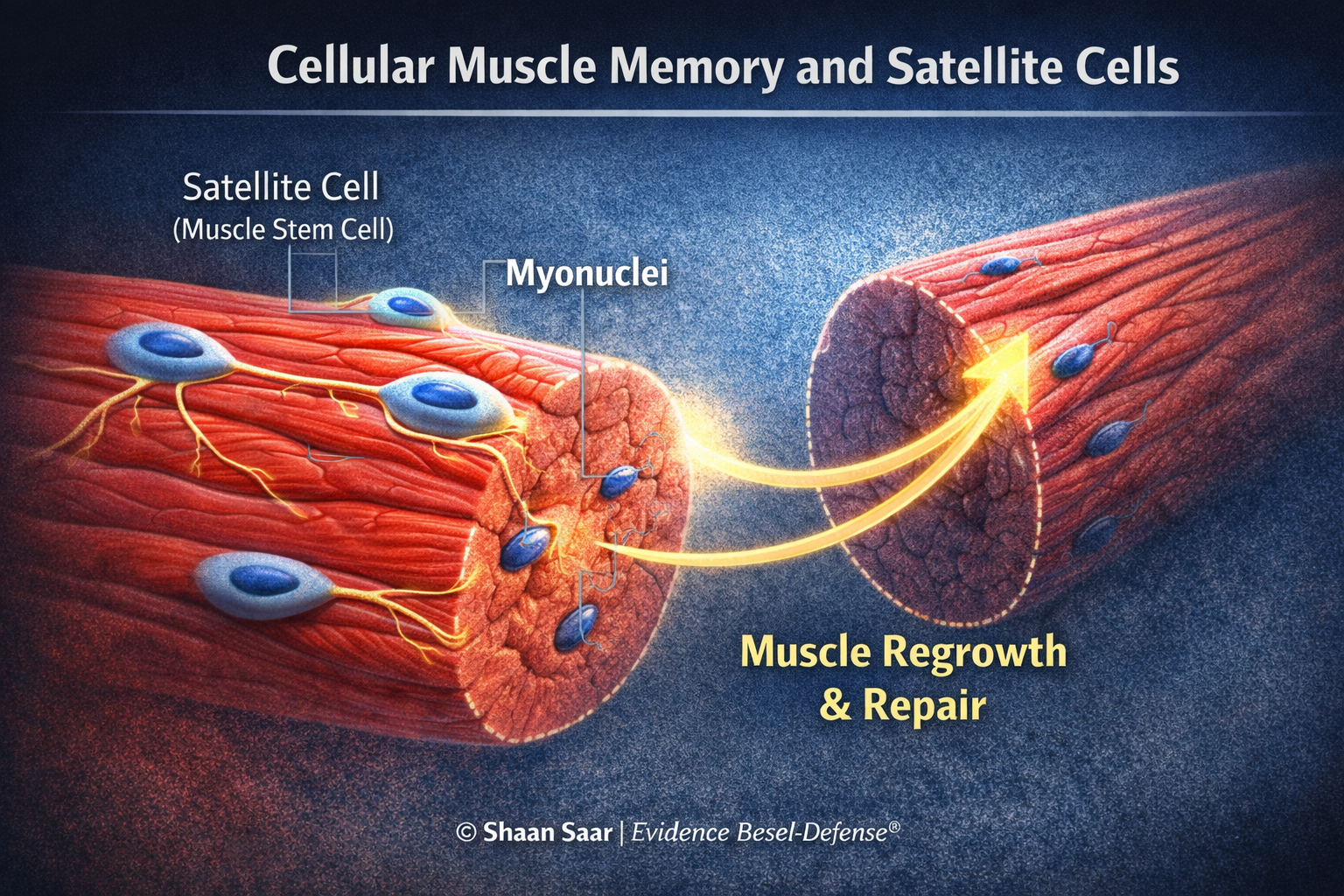 Illustration of satellite cells and myonuclei contributing to muscle regrowth, explaining cellular muscle memory and structural adaptation in muscle tissue.