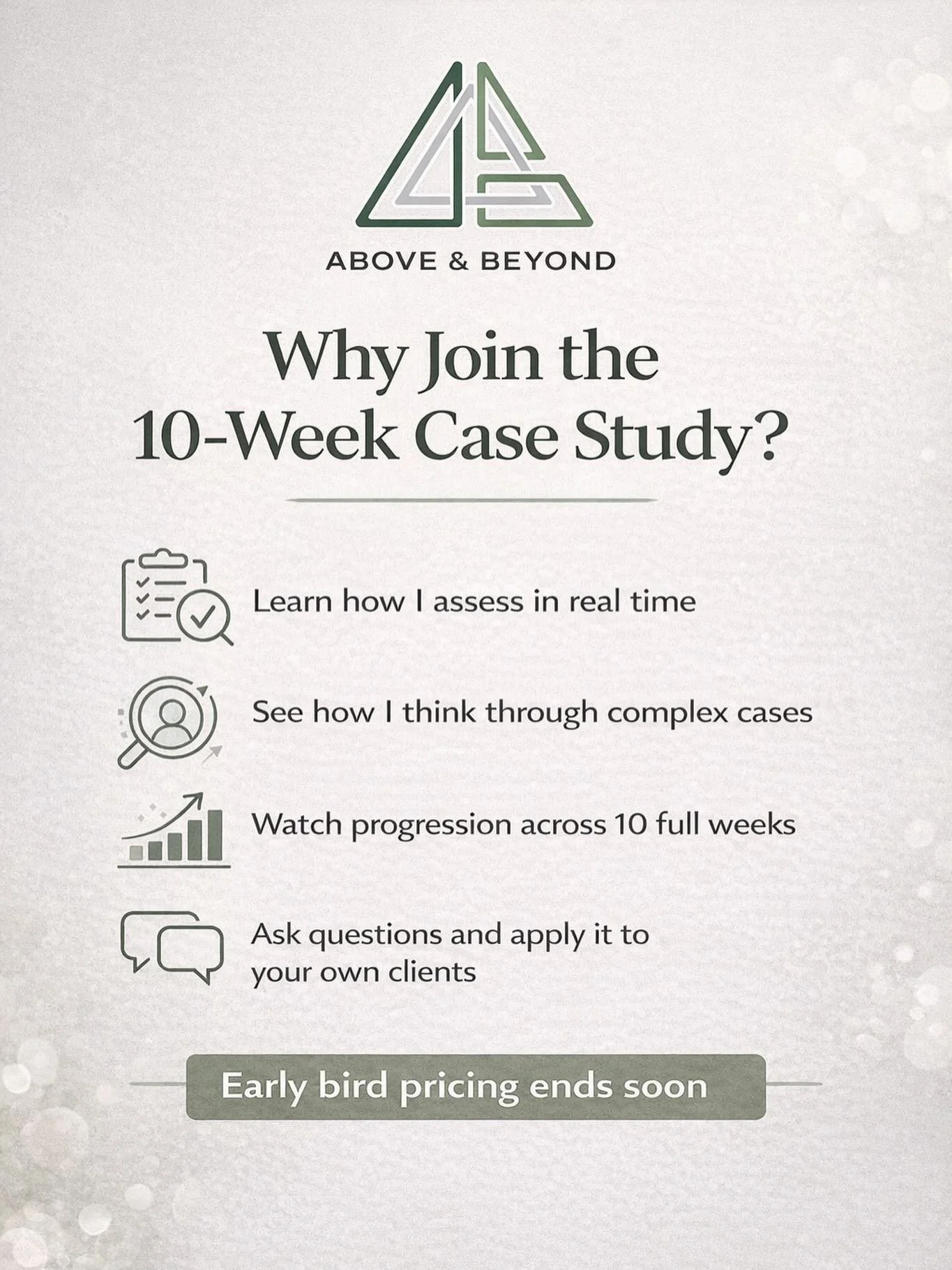 Tomorrow is the first recording of my 10-week case study!

You&rsquo;ll get to see my full process from start to finish, plus weekly follow-up sessions where we go even deeper clinically than what you&rsquo;ll see in the initial session.

Everyone en