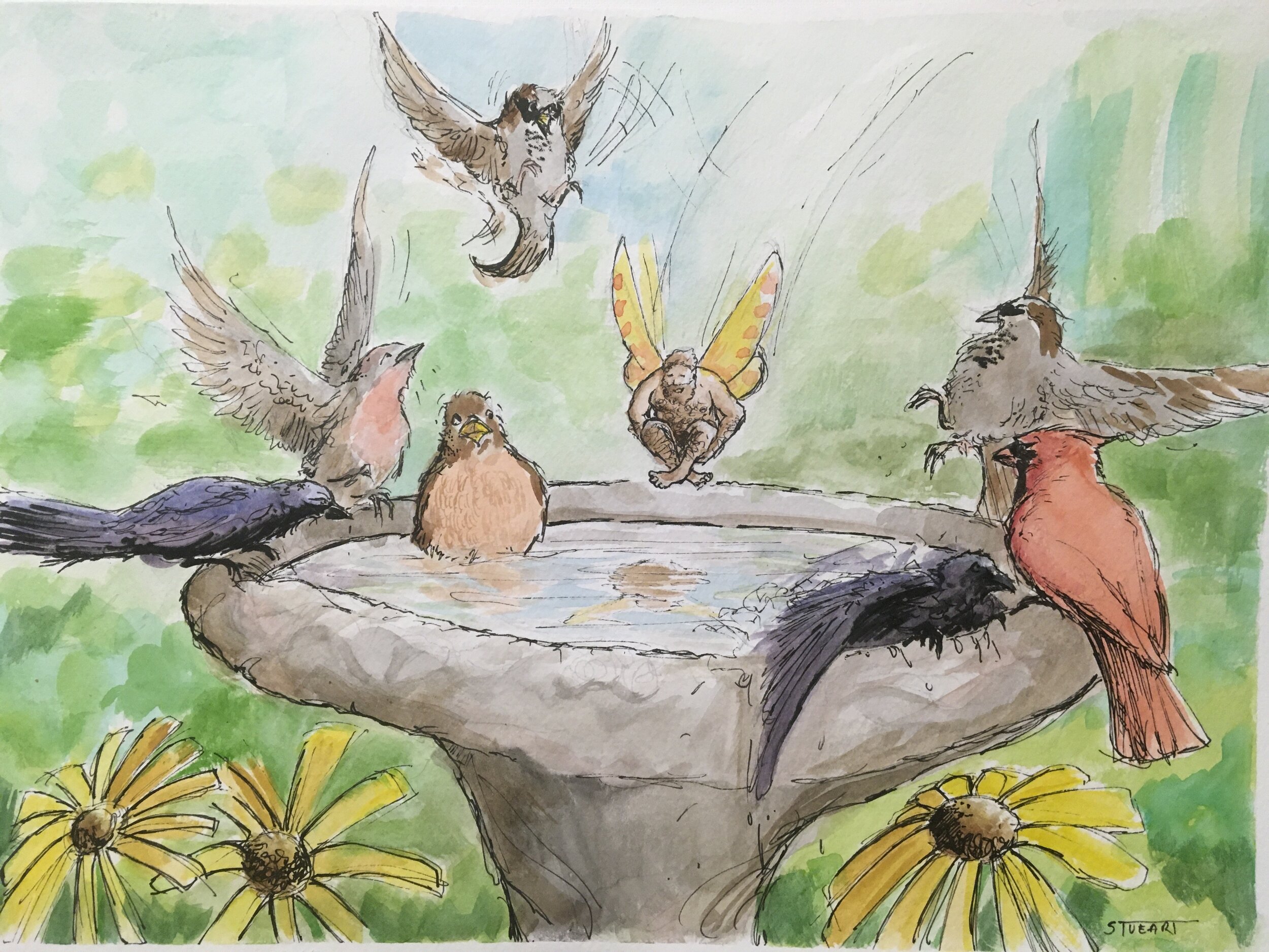 "Fairy Cannonballing the Birdbath," 11 x 15, watercolor, pen and ink. (SOLD)
