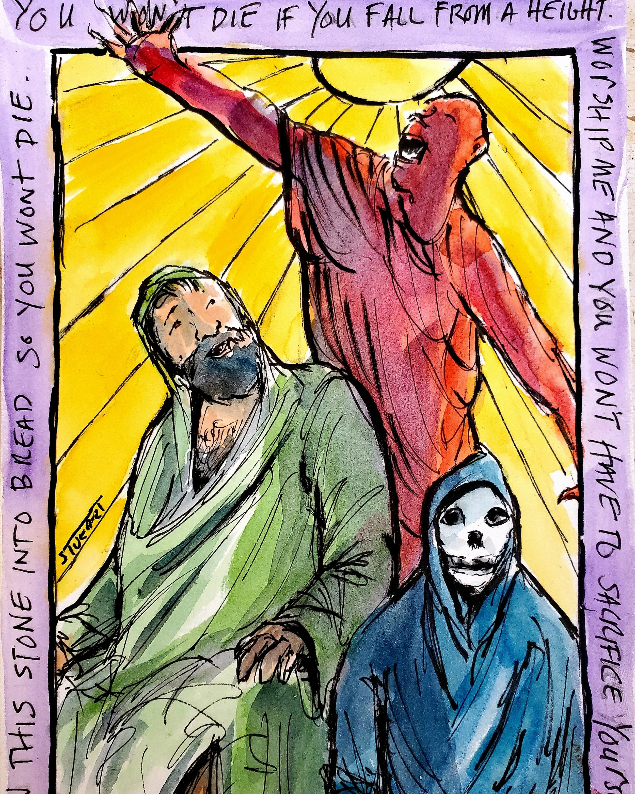 Jesus, Satan, Death in the Wilderness, 5 x 7, watercolor, $300