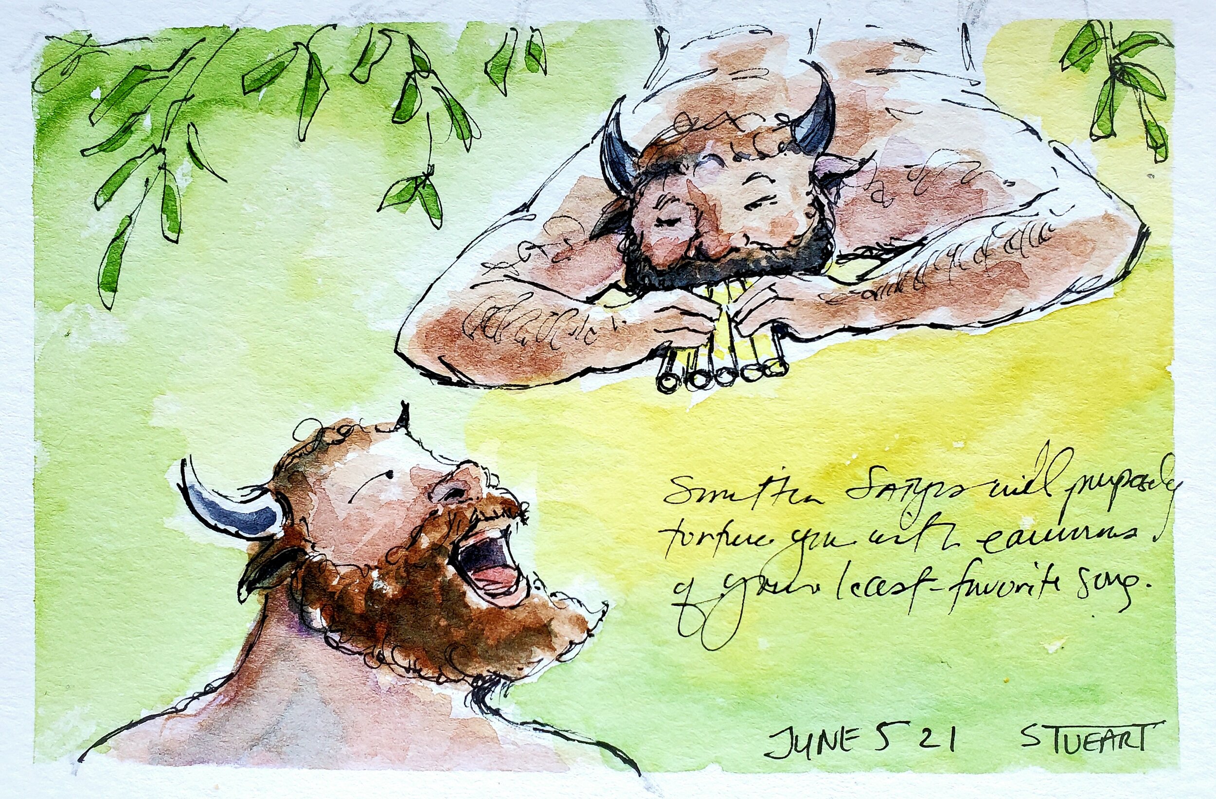 June 5: Smitten Satyrs, 4 x 6, watercolor, pen and ink on postcard. $70.