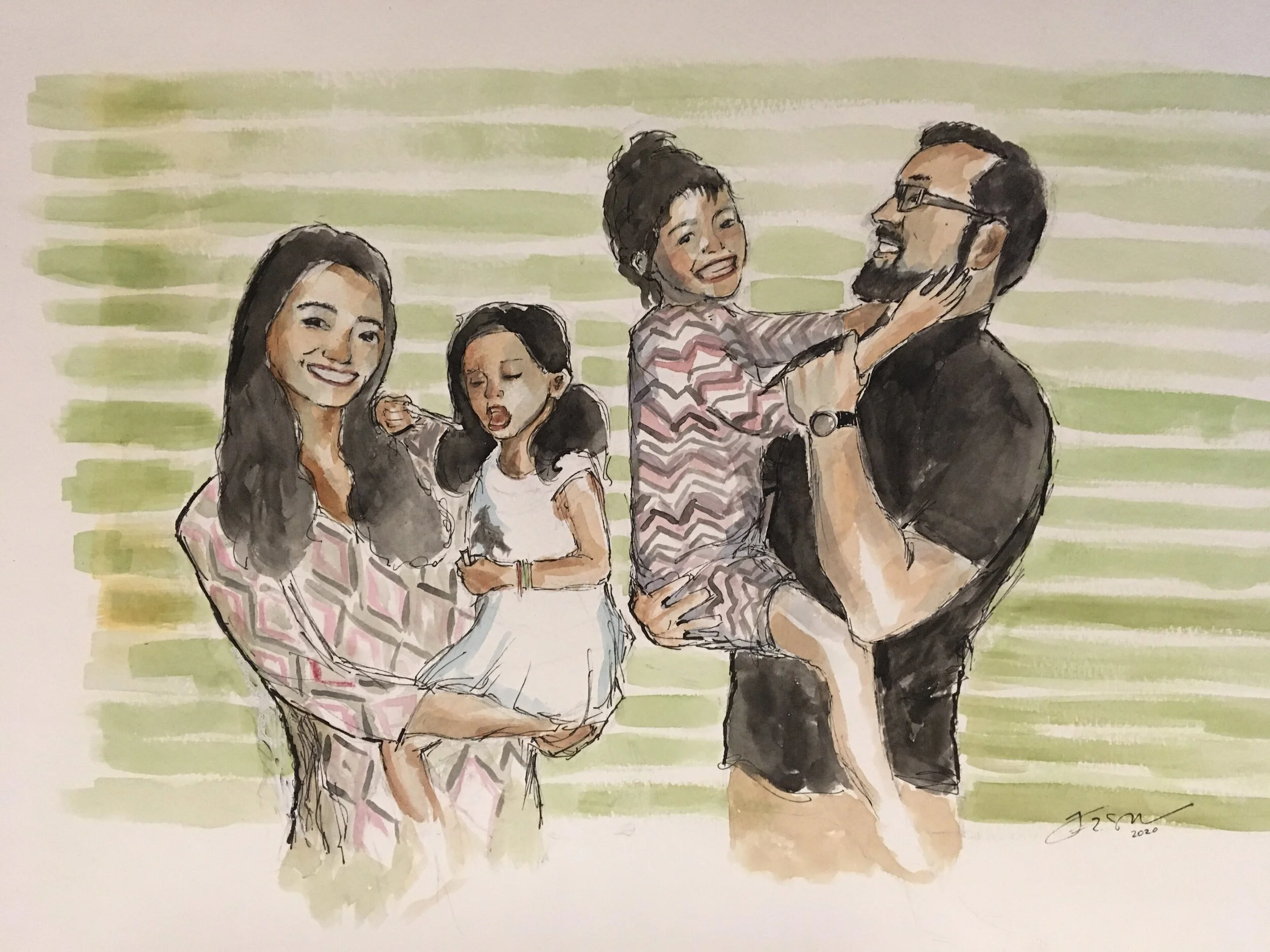 Family Commission, 18 x 24, watercolor, pen and ink on paper.  **SOLD**