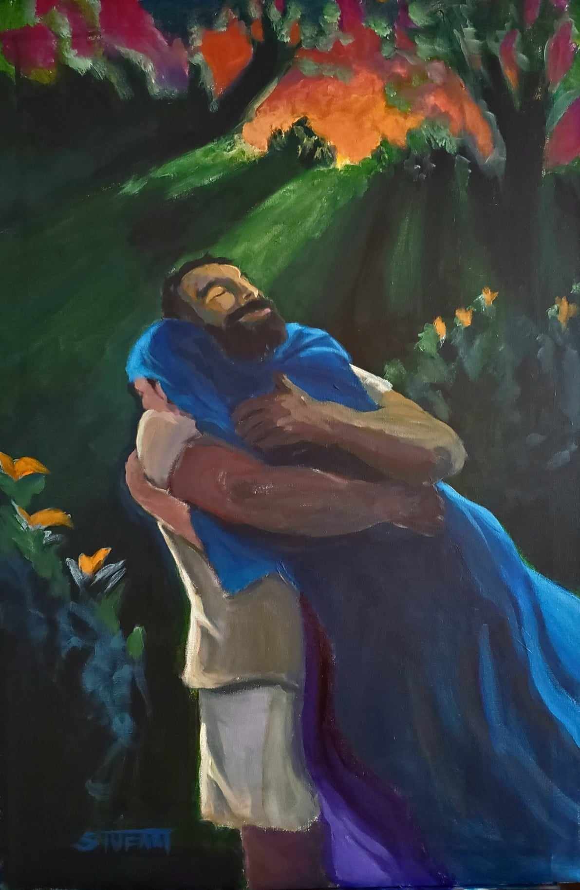 Mary Hugs the Gardener, 24 x 36, acrylic on canvas. $1000