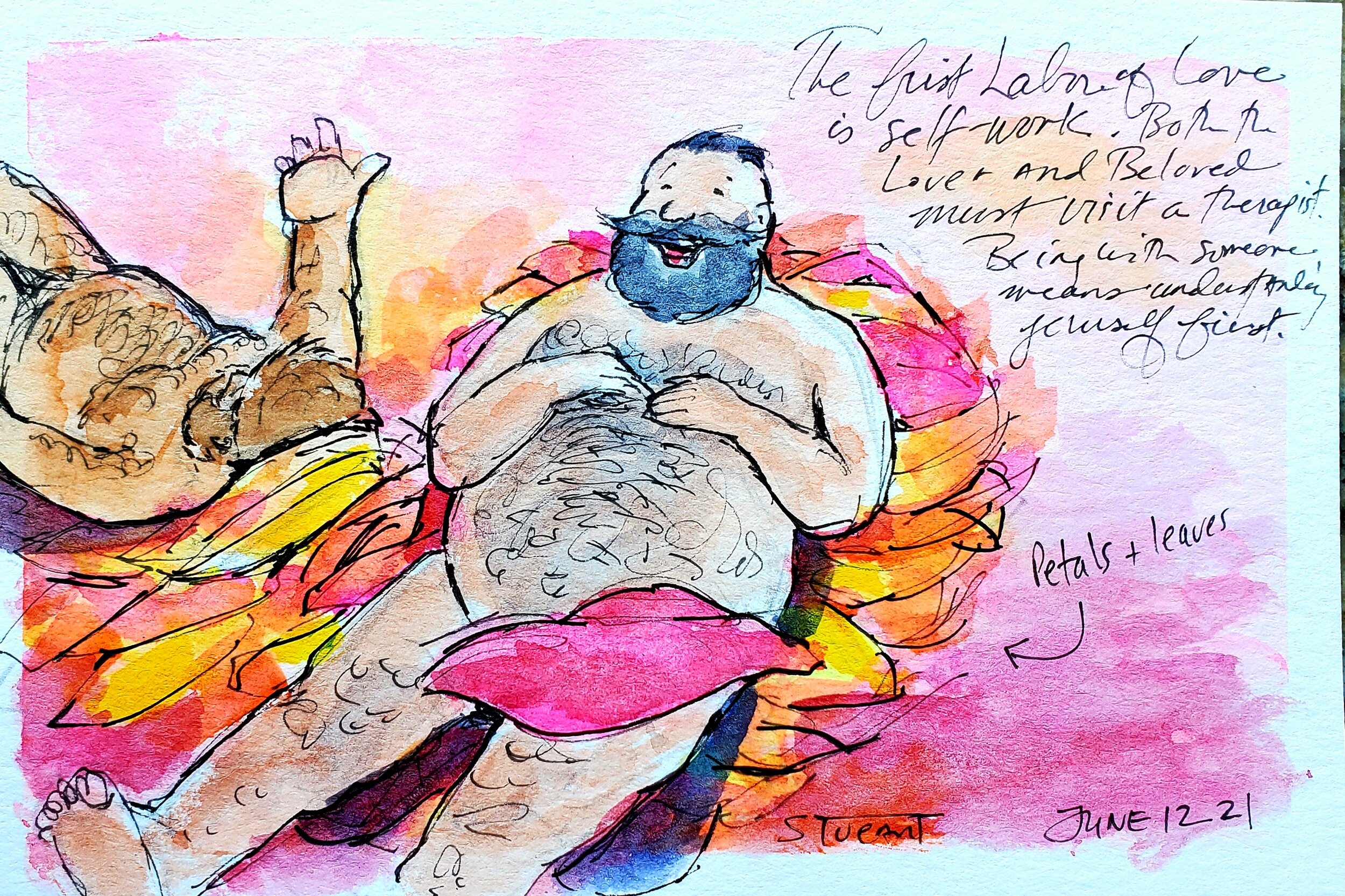 June 12: The First Labor is Self-Work, 4 x 6, watercolor, pen and ink on postcard. $70.