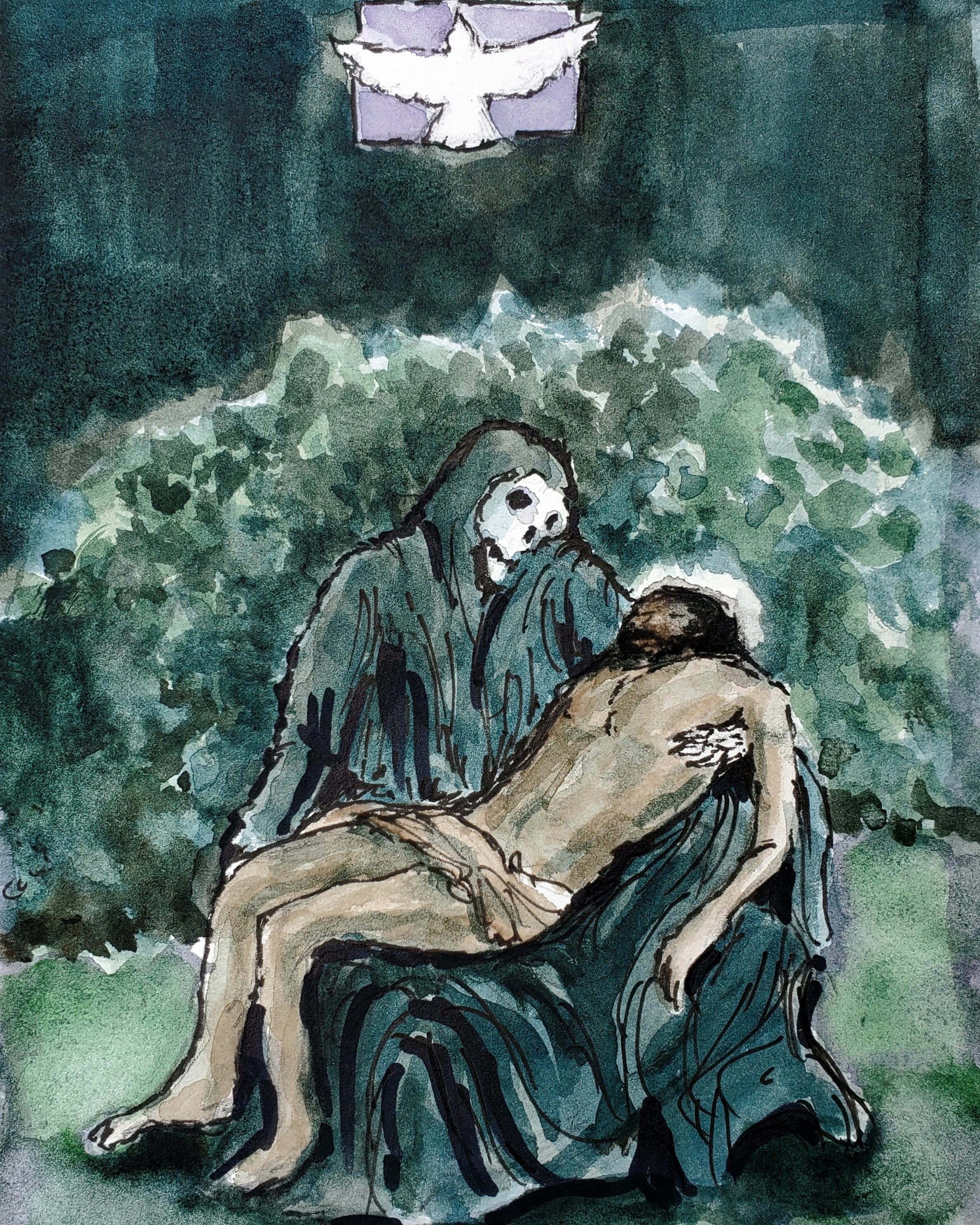 Death embraces Jesus, 5 x 7, watercolor, $300