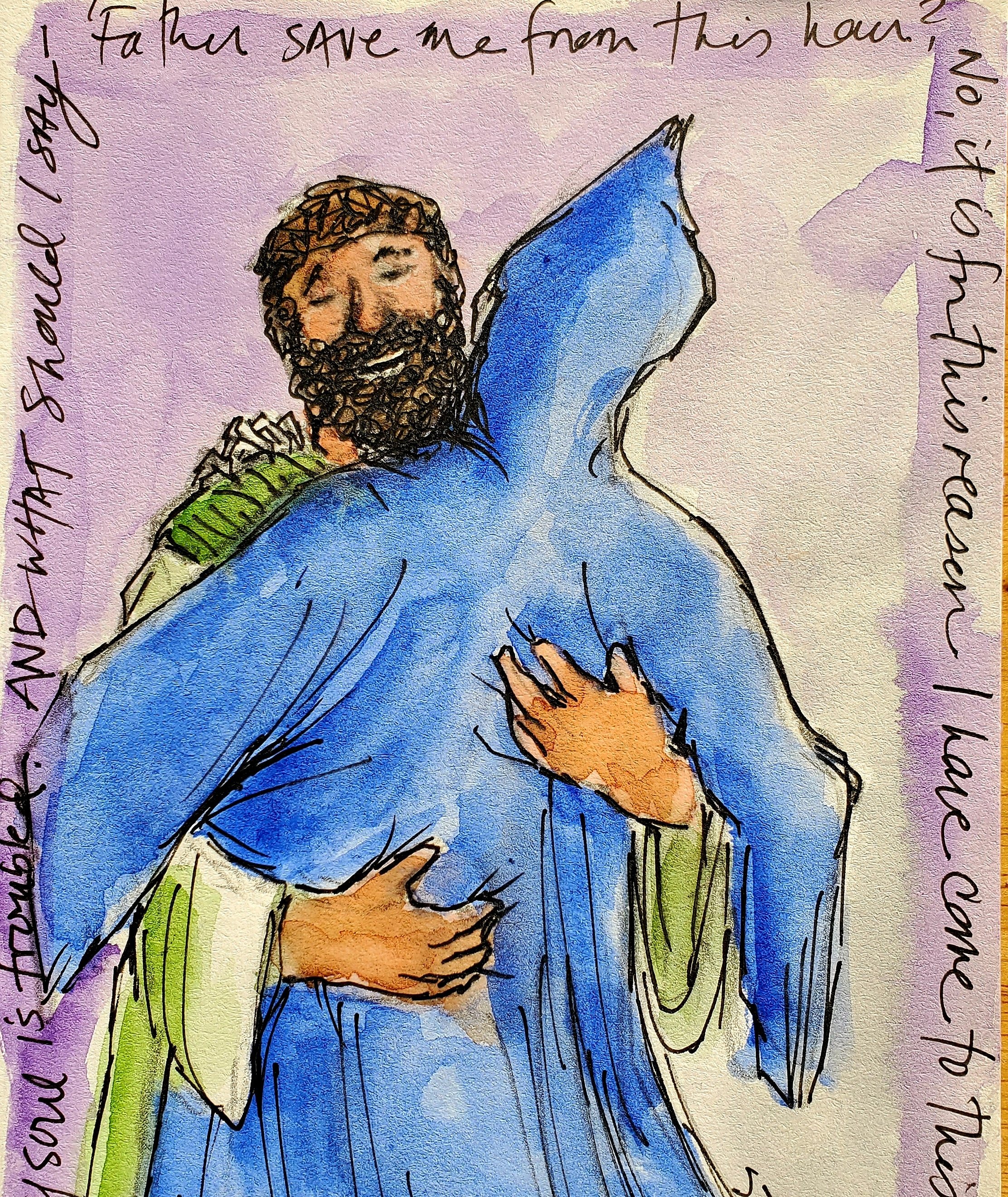 Jesus embraces Death, 5 x 7, watercolor. $300
