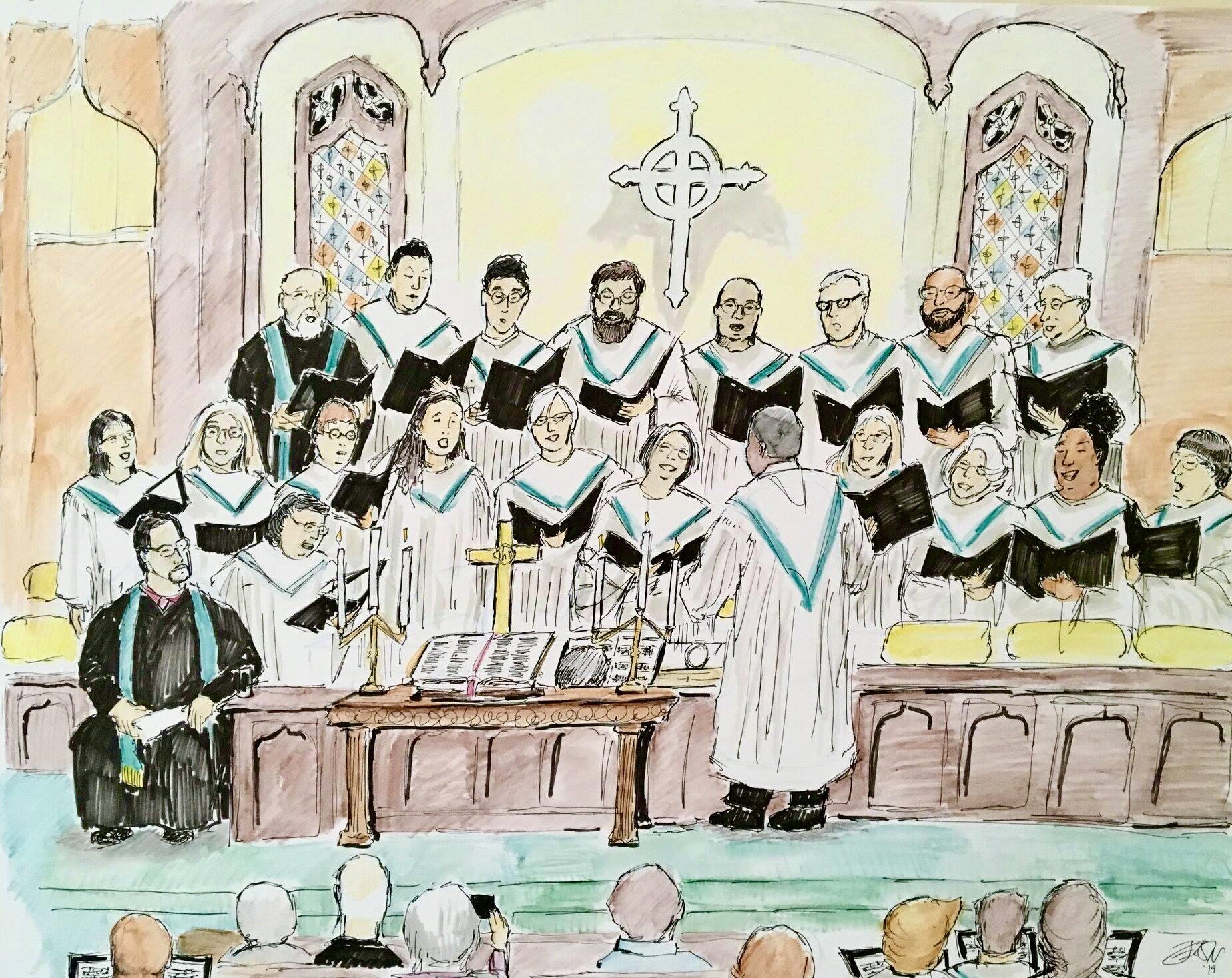 The Choir Sings, 18 x 24, watercolor pencil, pen and ink on paper, **SOLD**