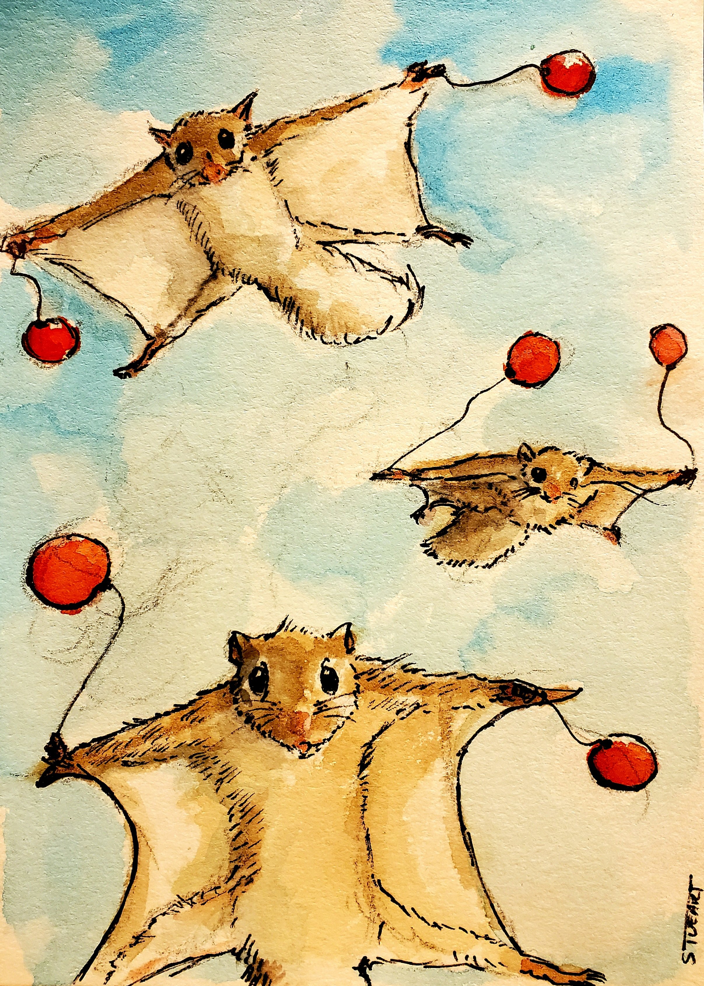 October 29: Flying Squirrel Air Squadron, 5 x 7, watercolor, pen and ink on cold press paper.