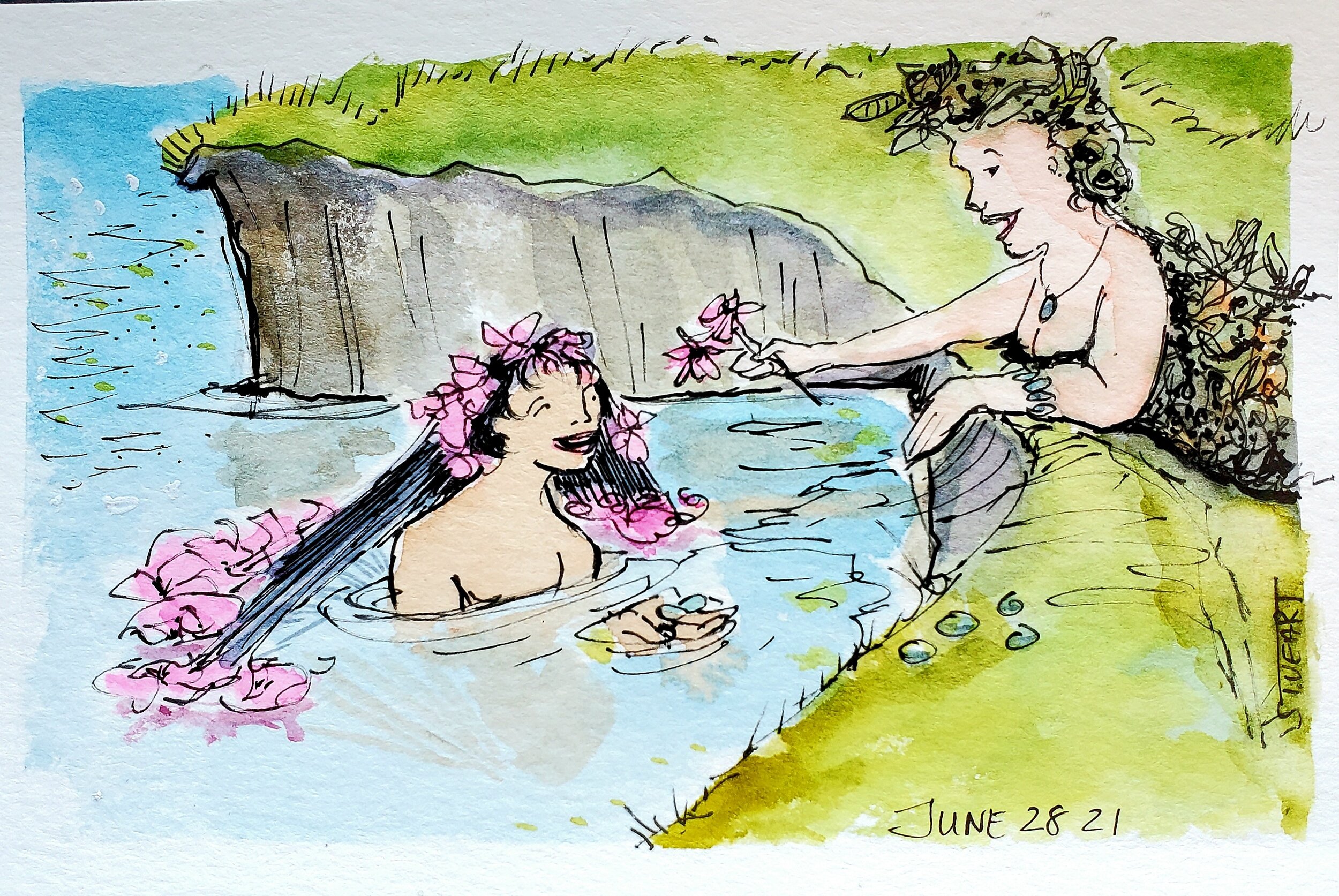 June 28: Stones and Blossoms, 4 x 6, watercolor, pen and ink on postcard. **SOLD**