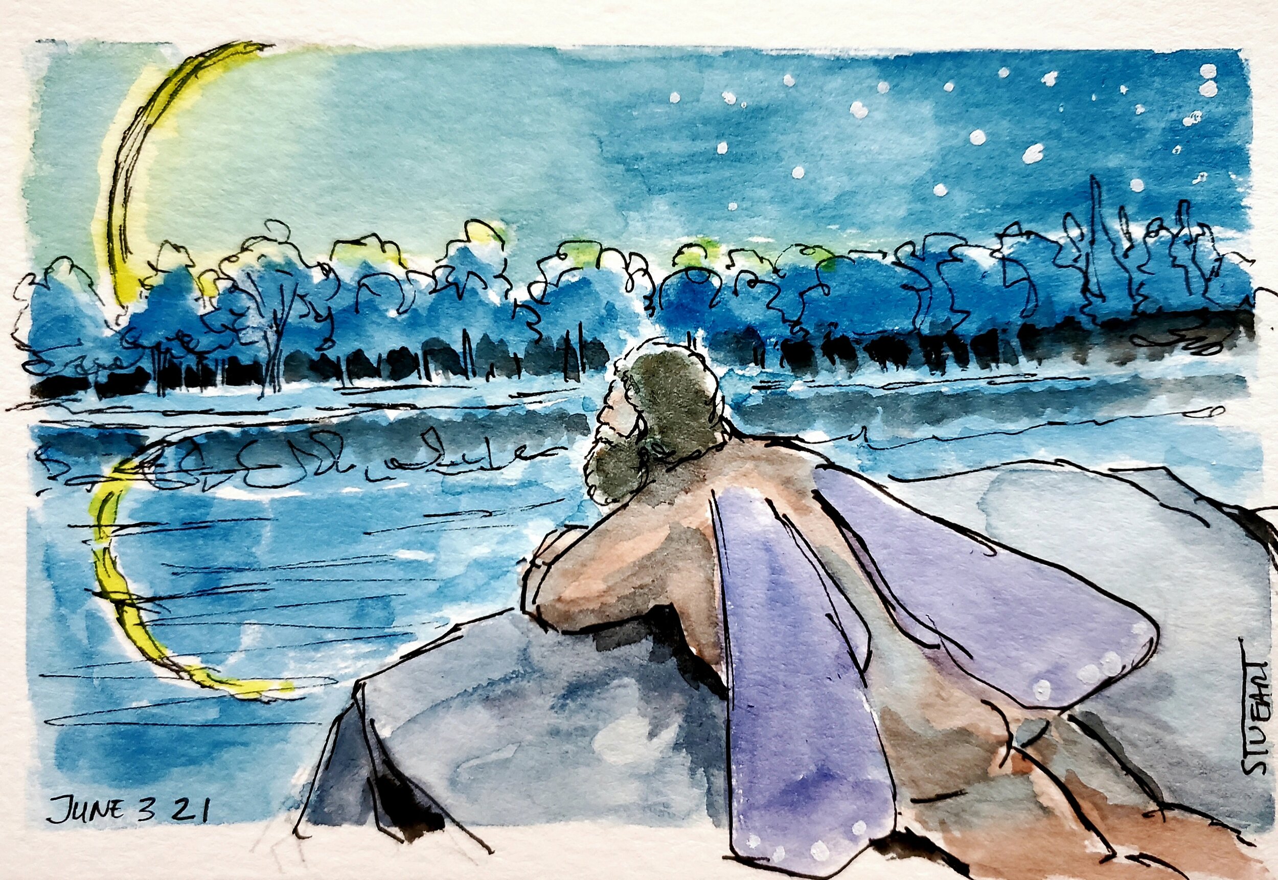 June 3: Wishing on the Last Sliver of Moon, 4 x 6, watercolor, pen and ink on postcard. $70.