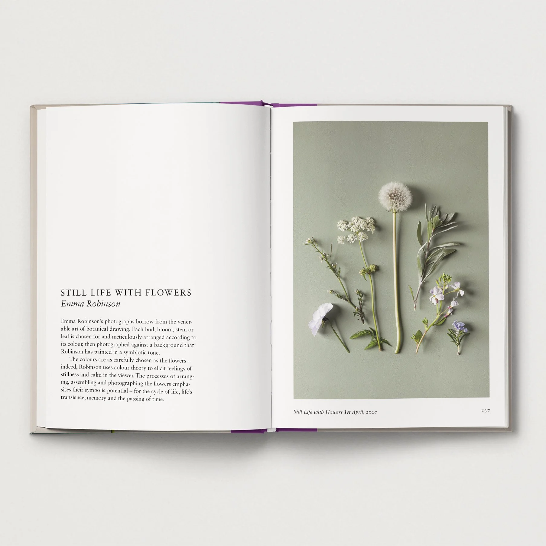 open book, with text on the left side and a botanical photograph with green background on the right hand side, flower photography