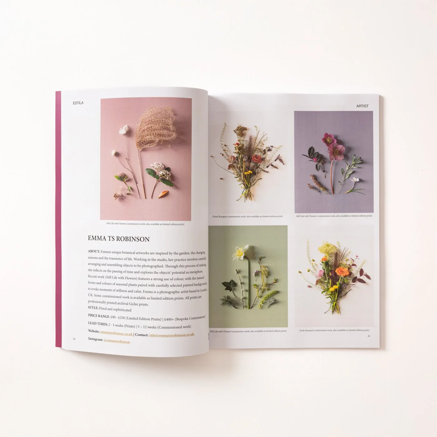 digital image of a page from a book featuring photographic artist emmatsrobinson with text and five images