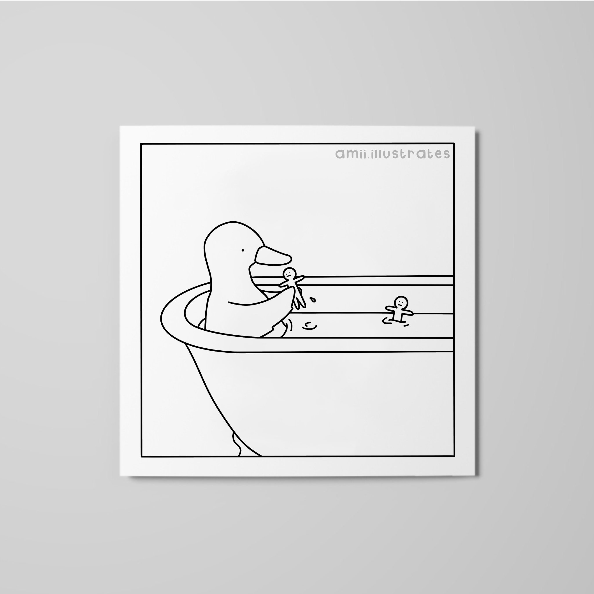 White print w/ black line work of a funny webcomic illustration. Depicts a duck in the bath playing with rubber humans. Shows white print on grey background.