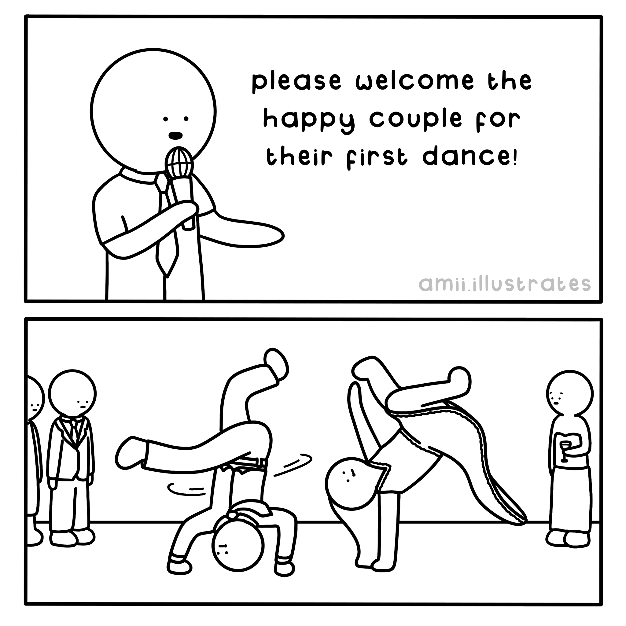 Funny comic strip. "Please welcome the happy couple for their first dance!". Bride and groom breakdance on the wedding dance floor. Drawn in cartoon line art style.