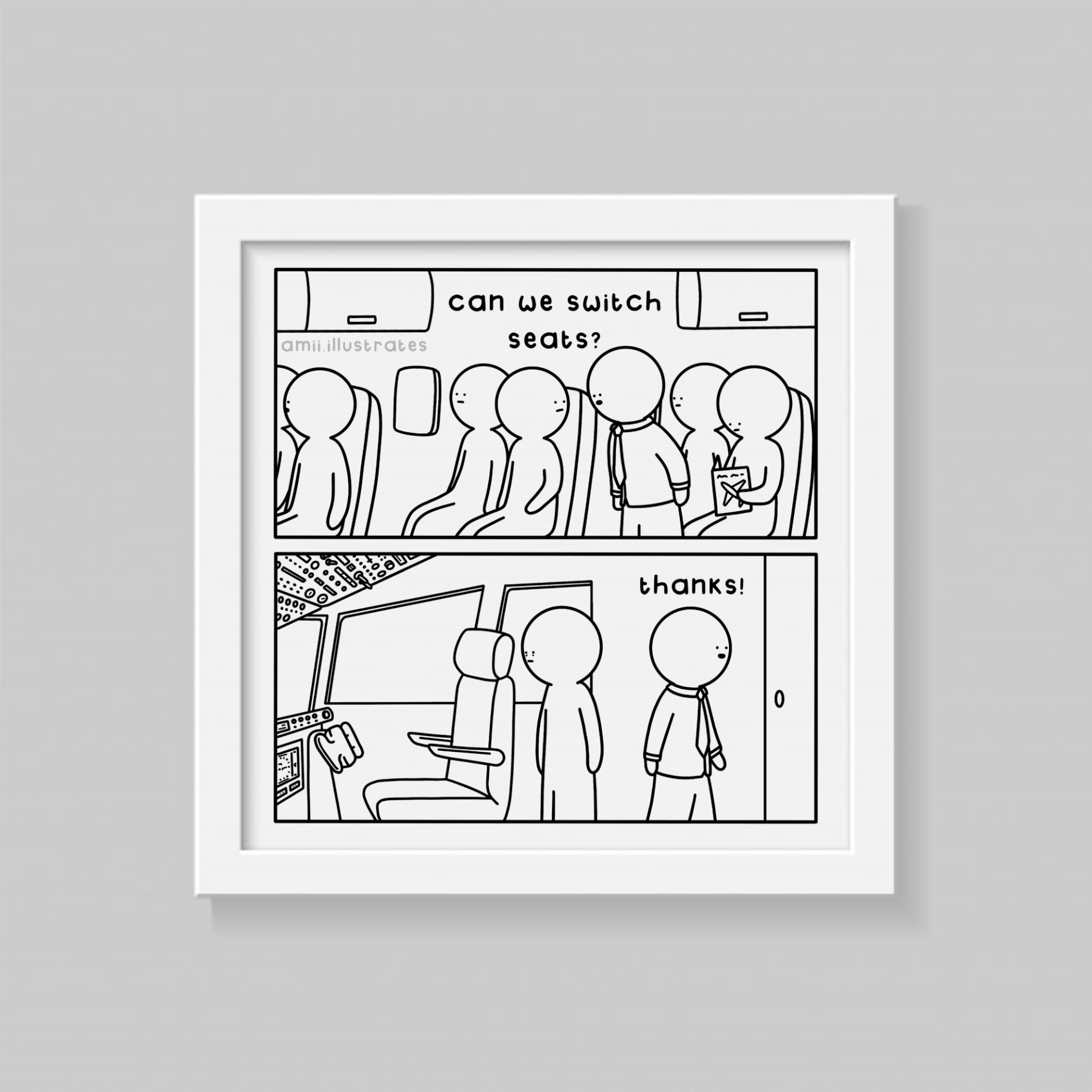 Funny comic strip. Person to passenger on plane "can we switch seats?". Passenger standing in cockpit, other person walks away "thanks!". Drawn in cartoon line art style. Shown as art print in frame.