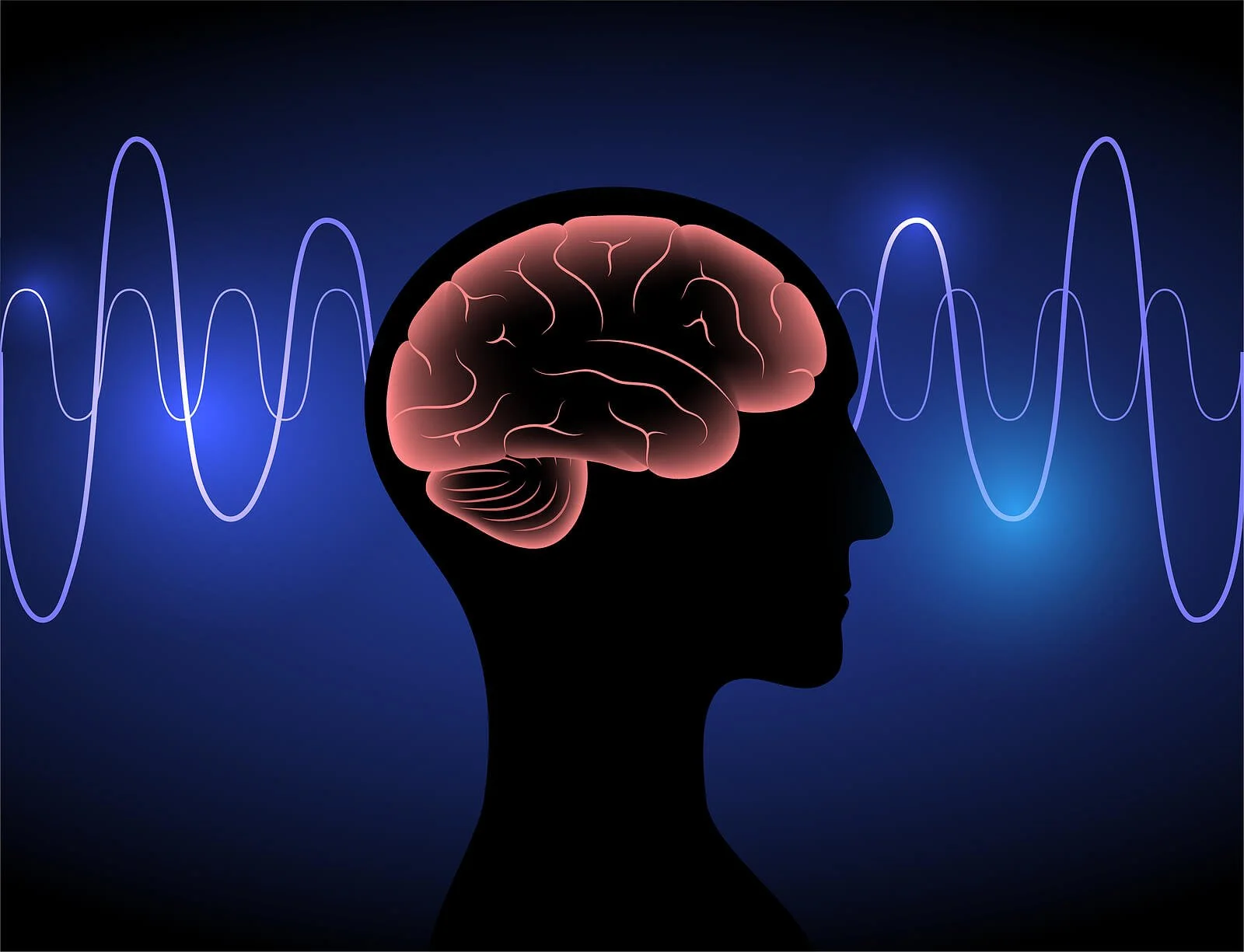 Silhouette of a person's head with a glowing brain inside, surrounded by blue waveforms in the background.