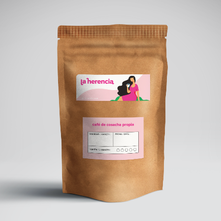  Custom coffee packaging with La Herencia logo and label on the front. 