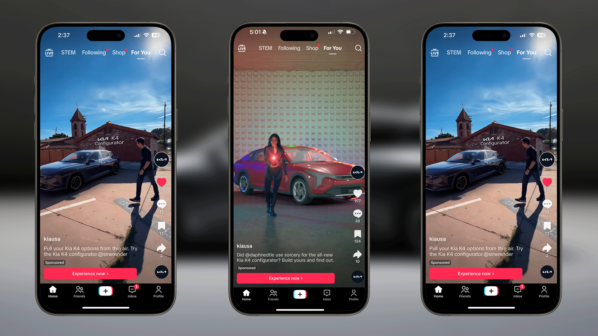 Screenshots of the promo video ads shown in TikTok that launched the Kia K4 Creator Configurator, right in the TikTok app itself. These were made by some of creator partners.