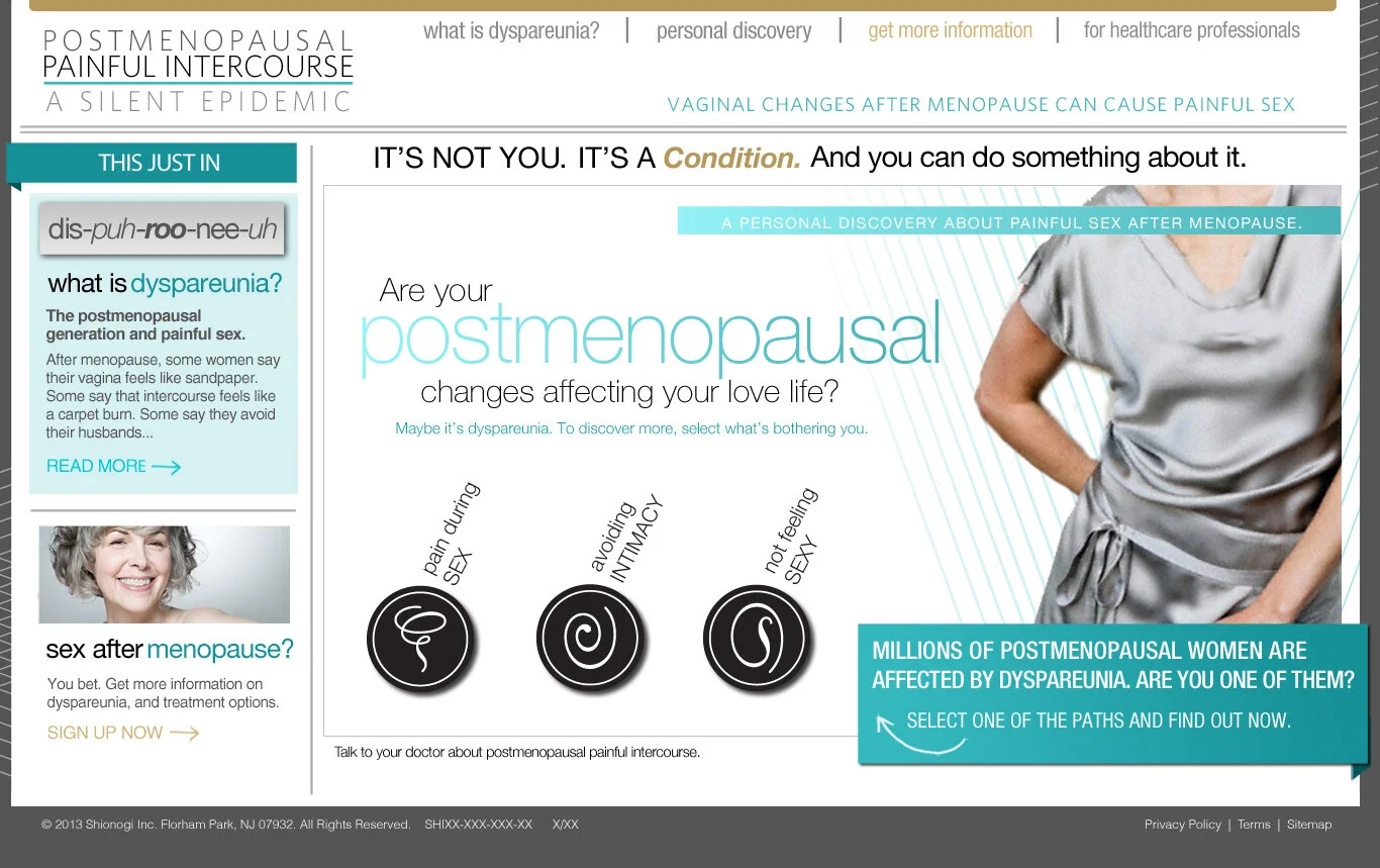 Homepage for www.vvavoices.com. From here visitors can learn more about dyspareunia and start the personal discovery quiz.