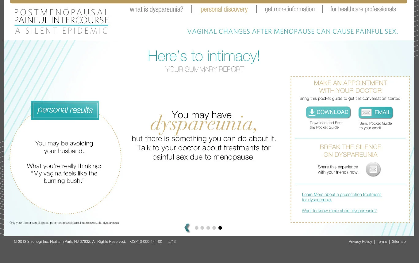 Quiz results page. This page summarizes the information gathered in the previous interactions and gives the women information on dyspareunia, an option to download a doctor discussion guide, and an option to email the quiz to friends.