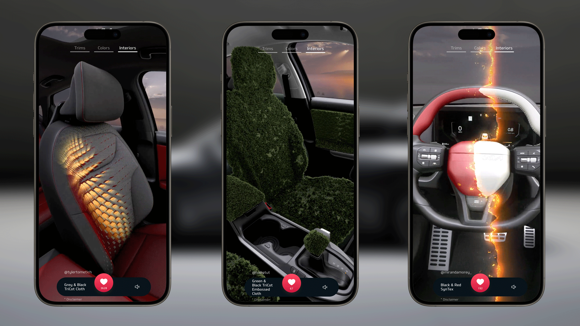 Step 3: Choose your interior. Screenshots of the video content users watched to pick an interior of the Kia K4. Click the heart icon to select, swipe up to see the next video.