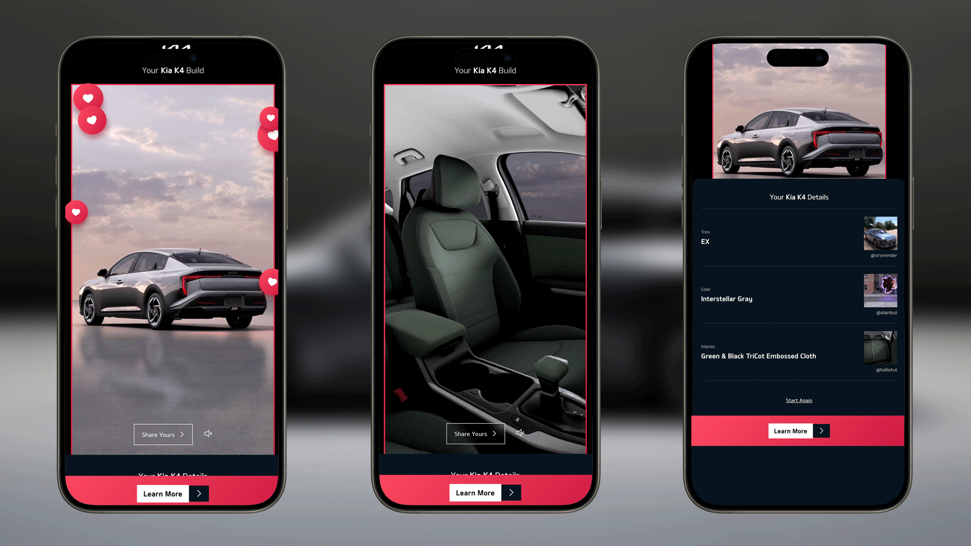 Step 4: See your build and share. Screenshots of the video content users saw once they configured their Kia K4. Click to share the video of your car with friends, or link out to contact a dealer.