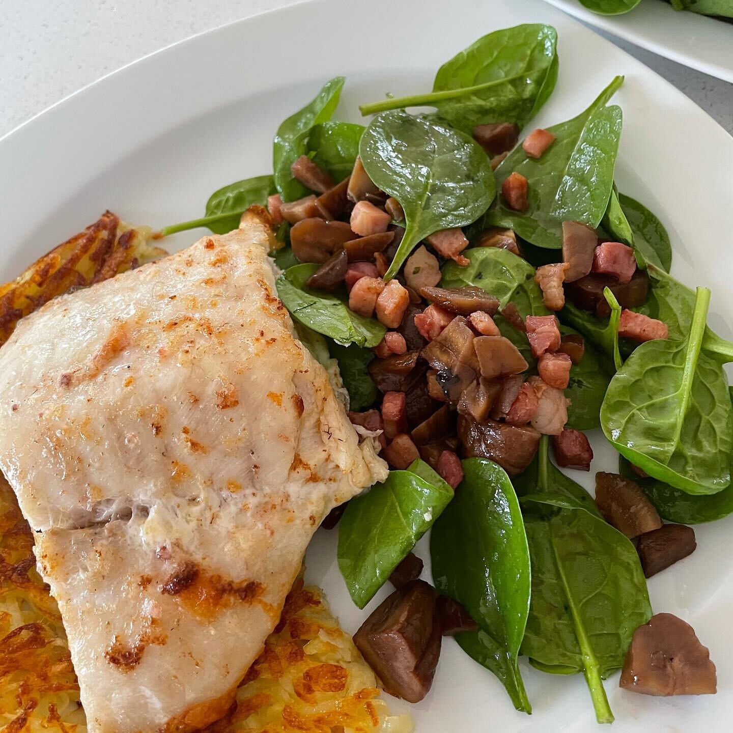 Happy New Year!  How to use up leftovers.  Chestnut, pancetta and spinach salad in a Sherry vinegar dressing.  Potato Rosti (in butter). Roasted hake which I froze from fresh from the fishmonger just before Christmas. 
#enjoyyourfood