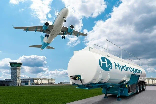 Source: Airplane and hydrogen tank trailer on the background of airport. New energy sources GETTY