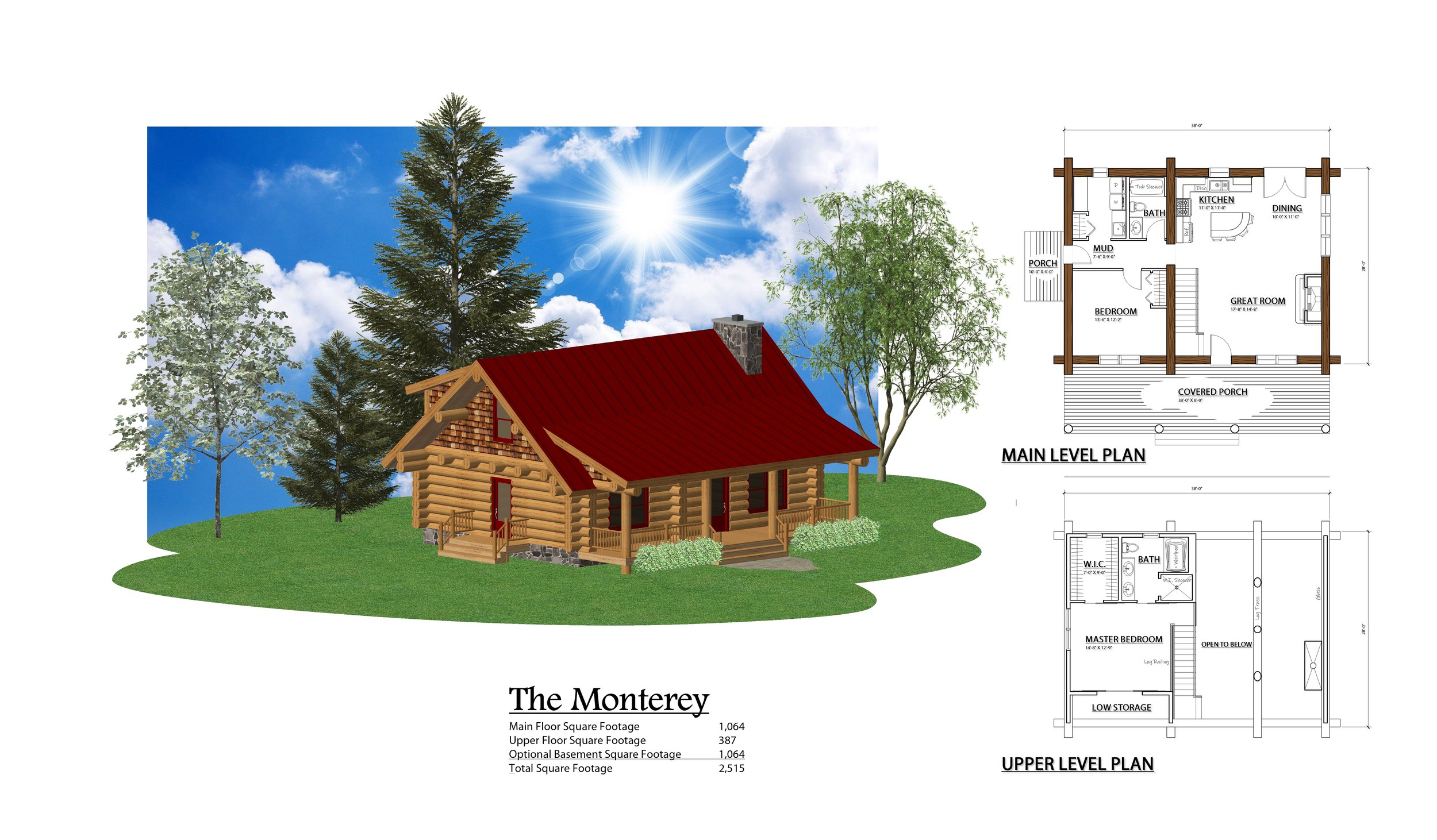 The Monterey log home exterior rendering with main and upper floor plans.