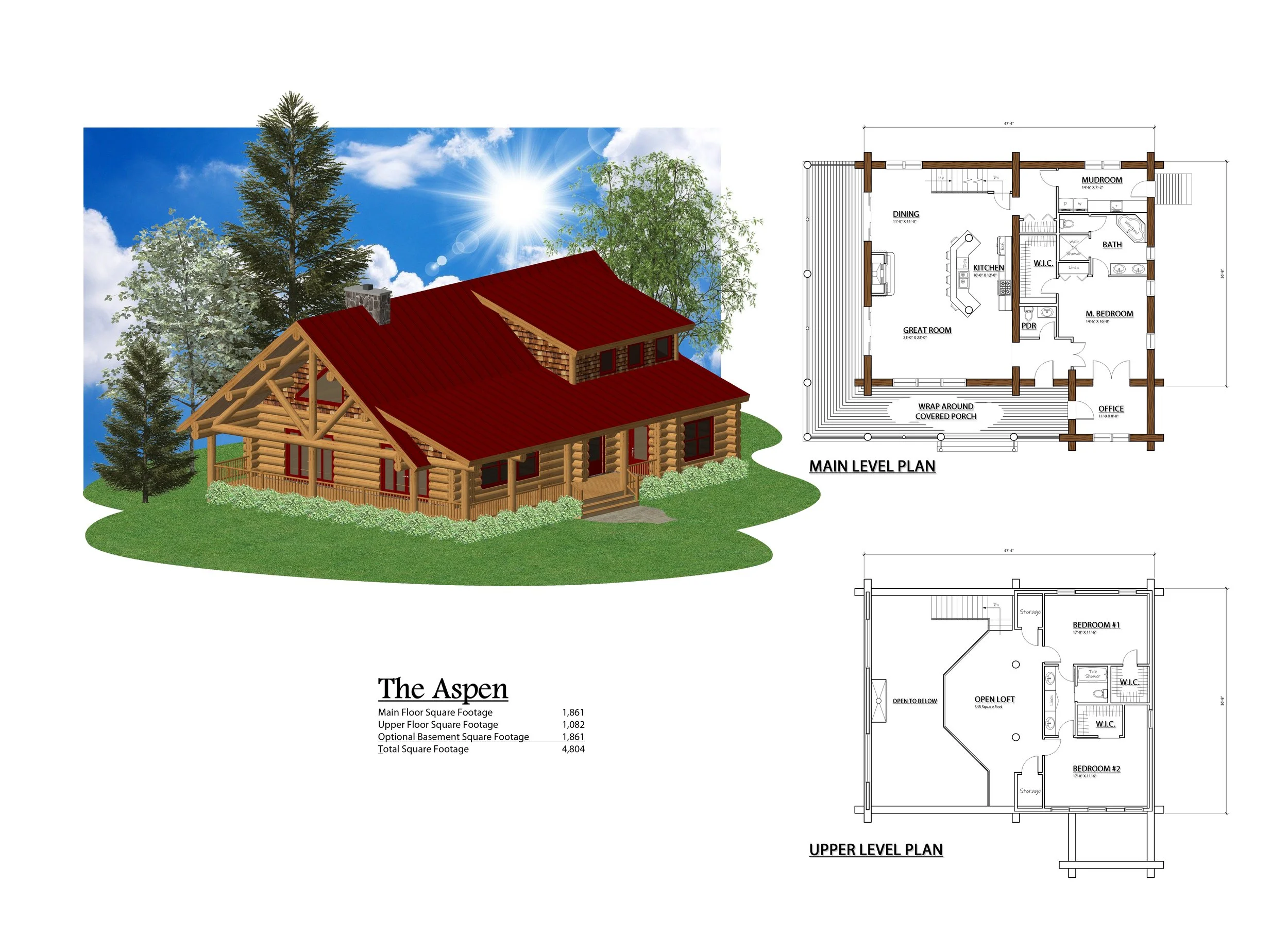 The Aspen log home exterior rendering with main and upper floor plans.