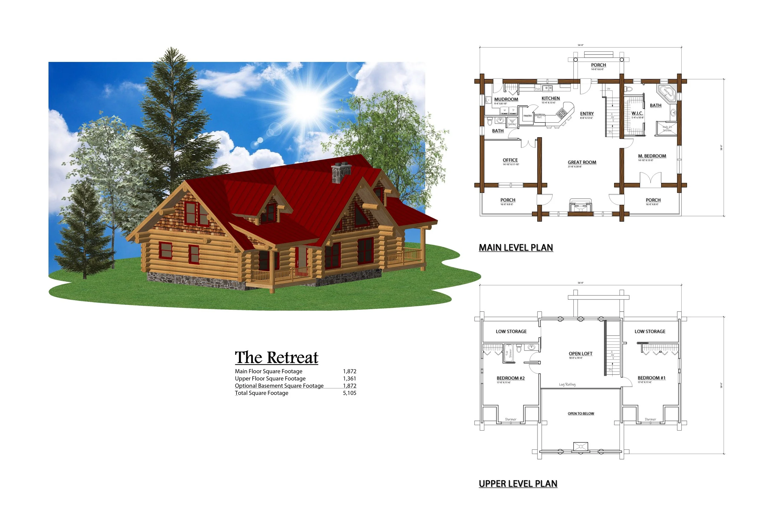 The Retreat log home exterior rendering with main and upper floor plans.