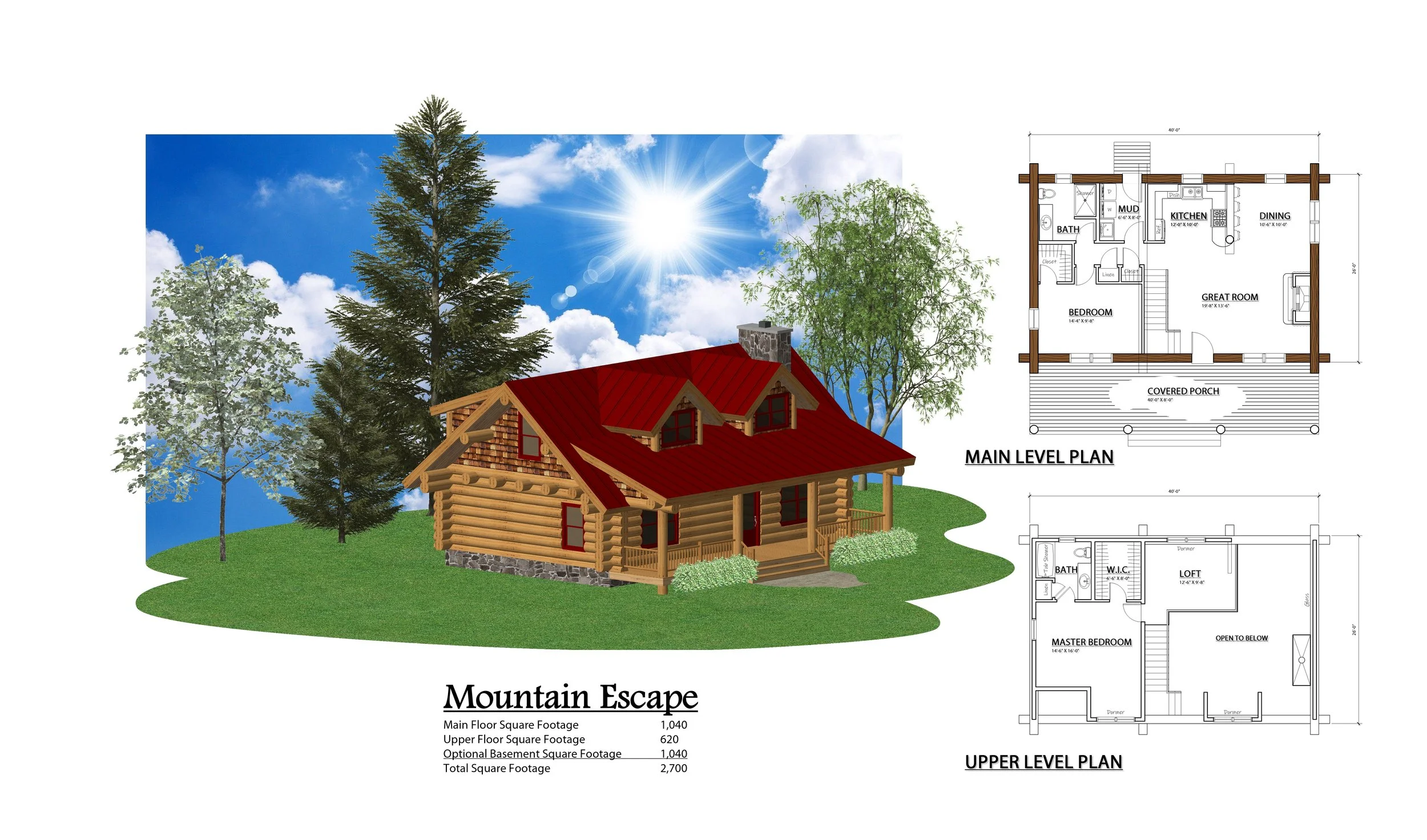 Mountain Escape log home exterior rendering with main and upper floor plans.